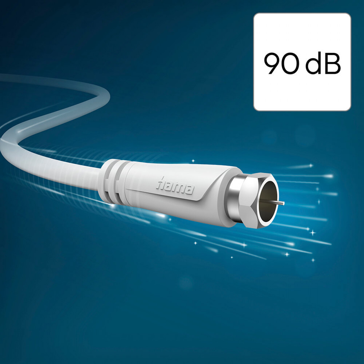 Witte coaxkabel met een connector en een 90 dB informatieteken.