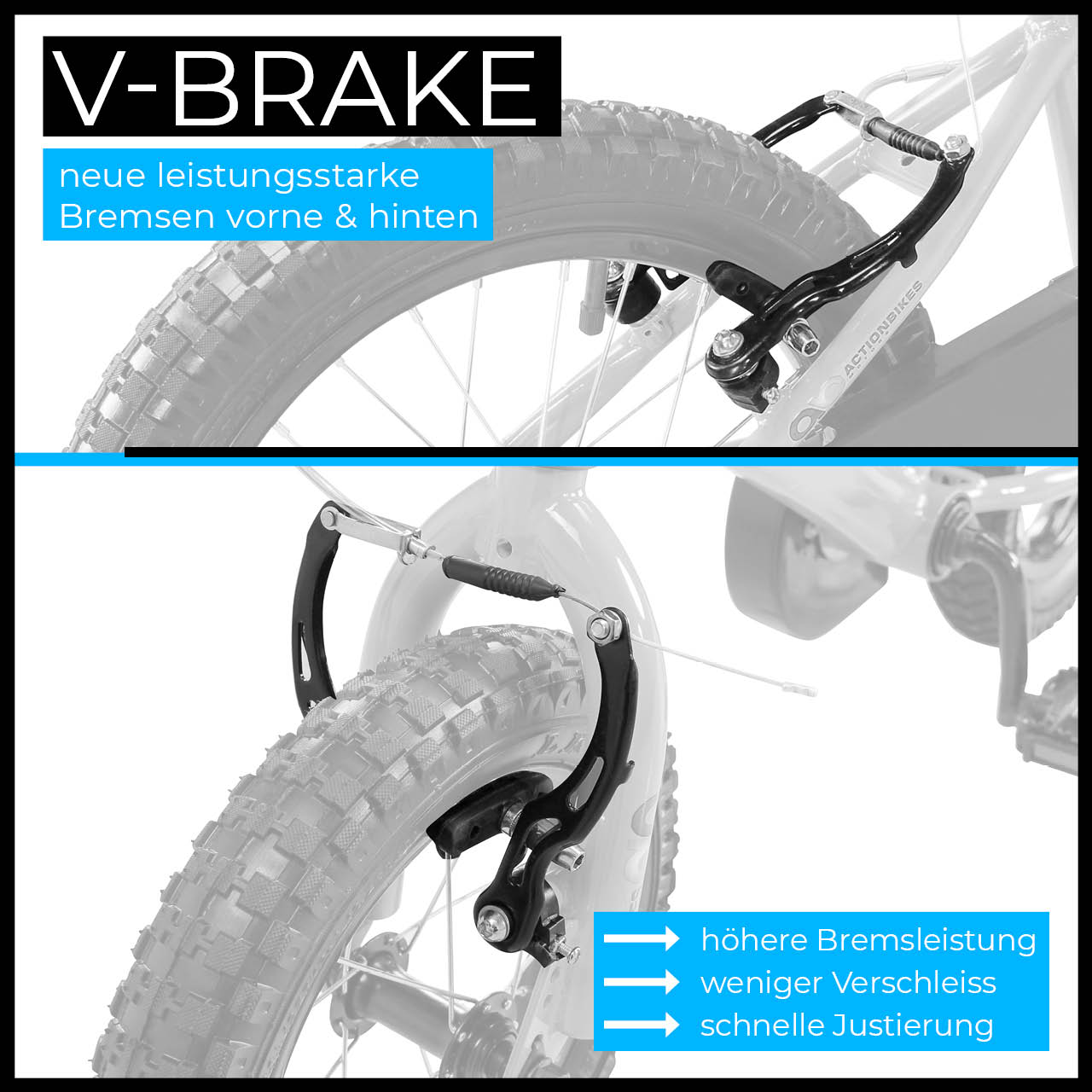 Fahrradbremssystem mit Text: V-BRAKE, neue Hochleistungsbremsen und Pfeile auf Funktionen.