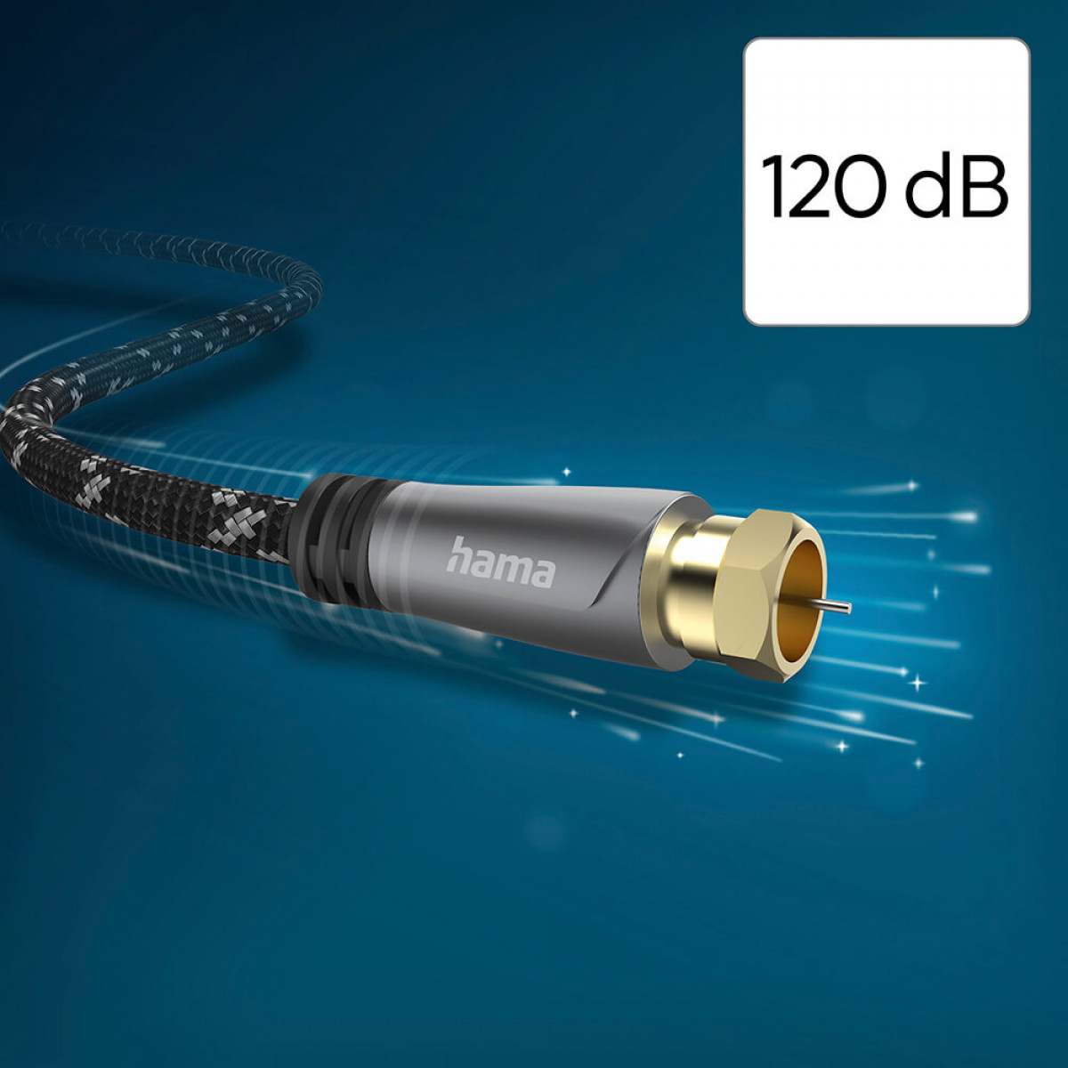 Czarny i szary kabel koncentryczny ze złotym złączem i białym kwadratem z 120 dB na niebieskim tle.