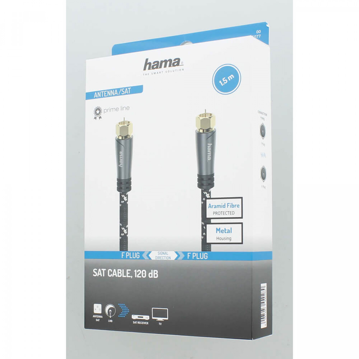 Un cavo Hama antenna/SAT in una scatola. Il cavo è nero e grigio. La scatola ha testo e grafica.