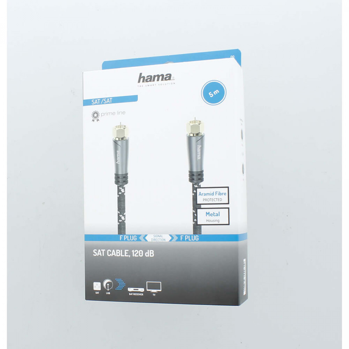 Biało-niebieskie opakowanie kabla Hama SAT. Kabel pokazany z złączami.