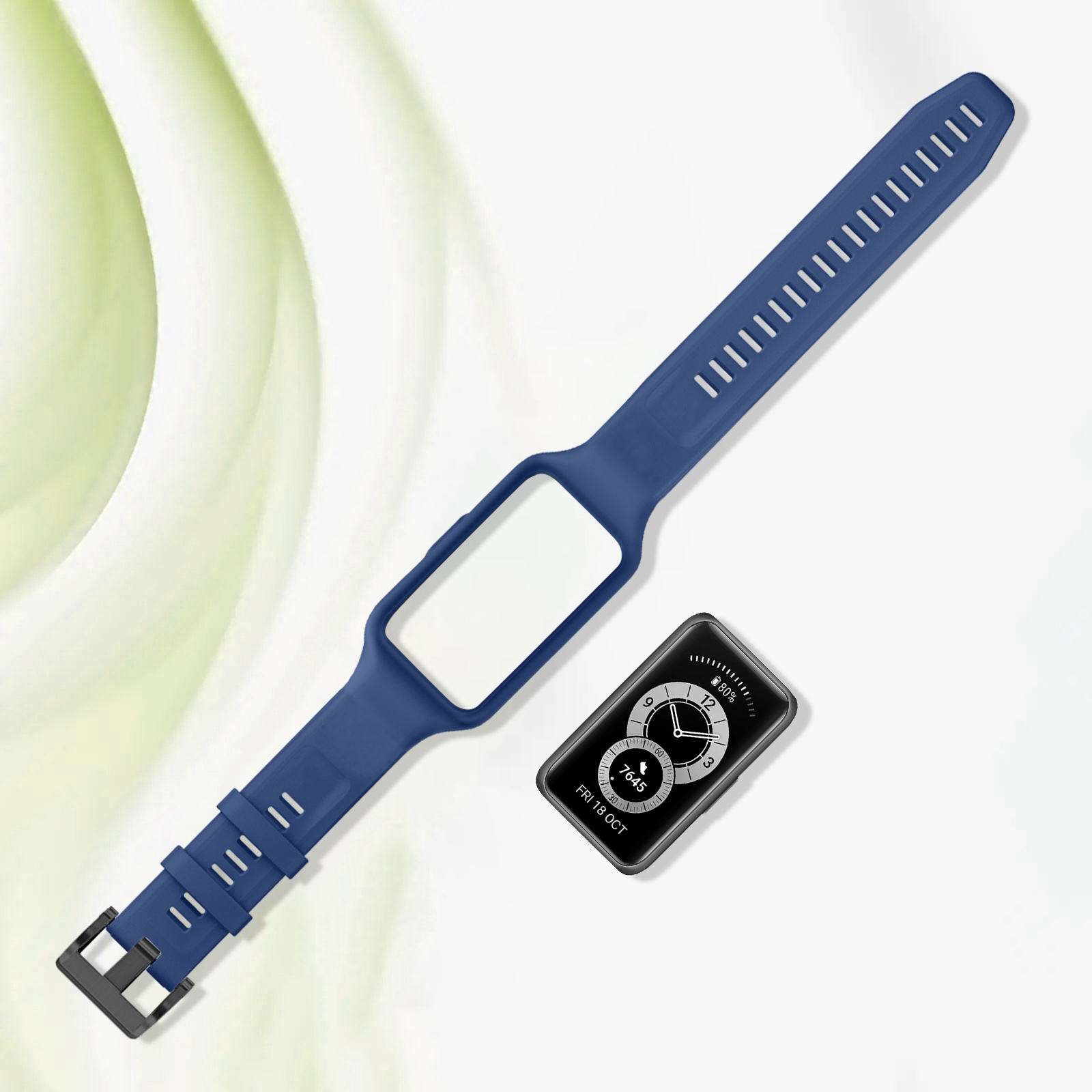 Banda de reloj azul y rastreador de actividad negro. Fondo blanco, hoja verde.