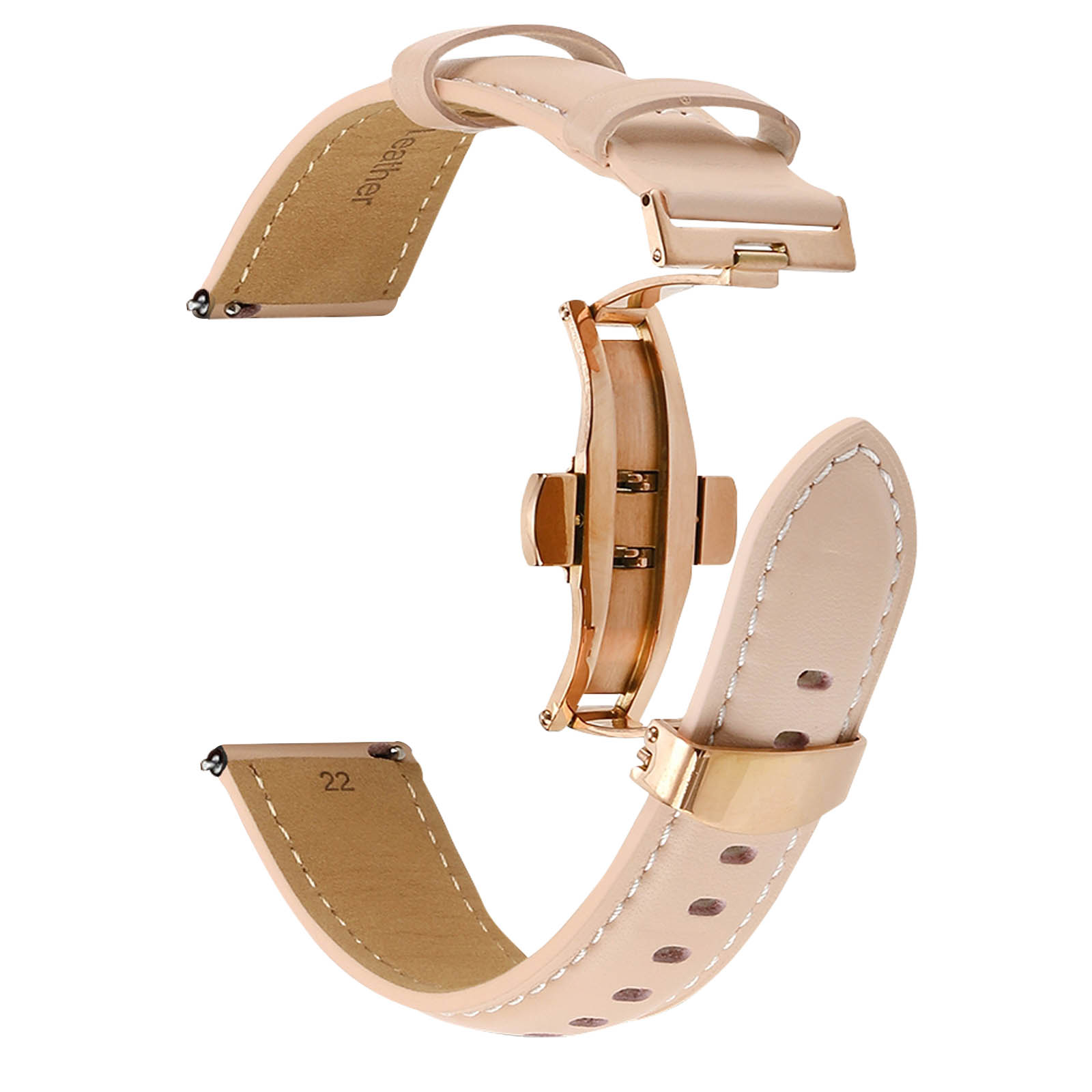 Correa de reloj, piezas de cuero marrón claro, separadas. Cierre y herrajes dorados visibles.