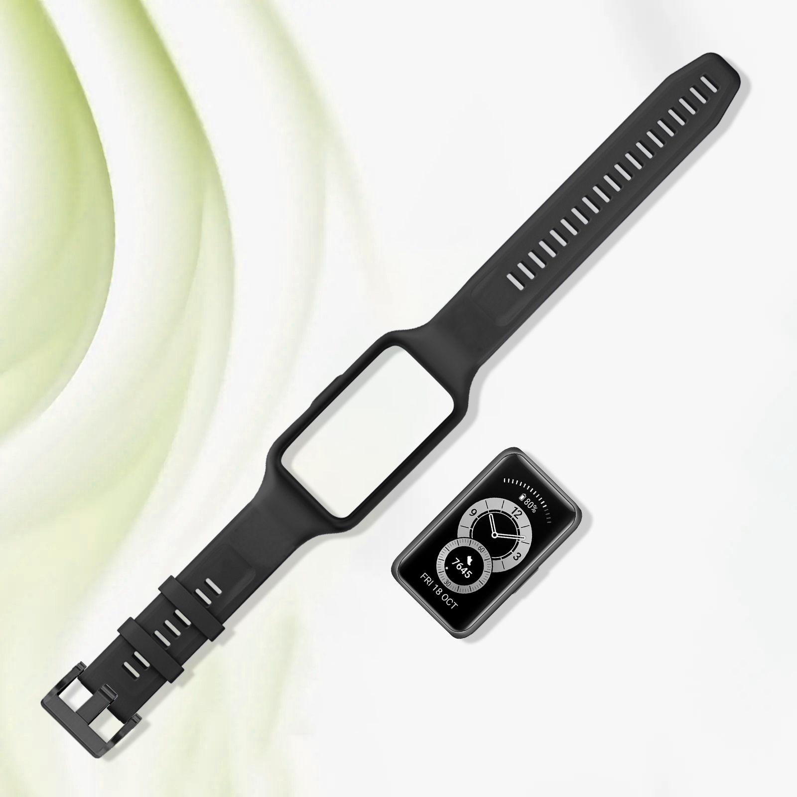 Reloj inteligente negro con correa negra y pantalla. Fondo blanco y verde. El reloj está en ángulo.