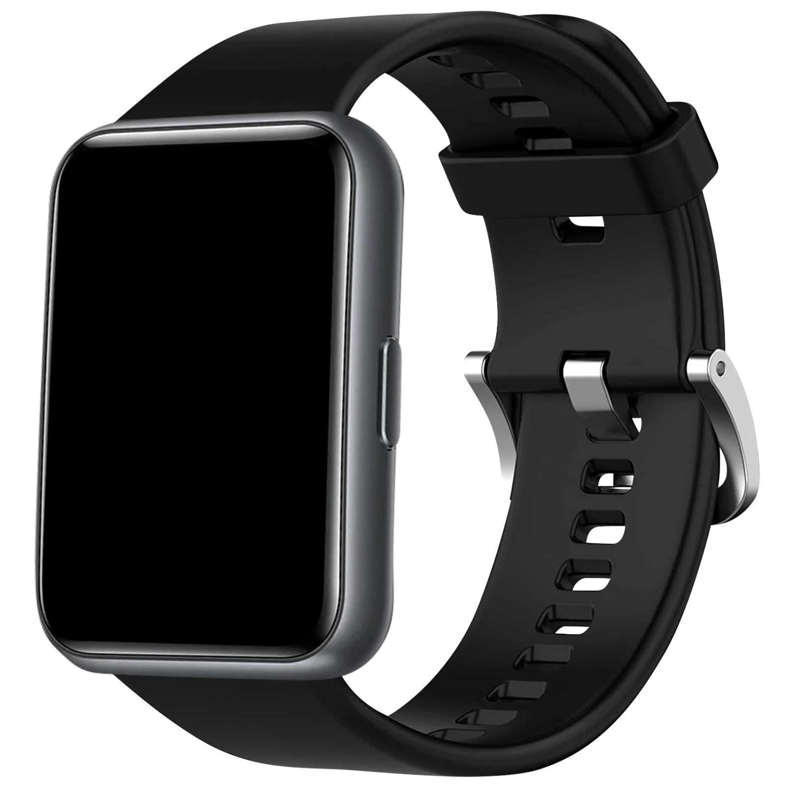 Smartwatch negra con correa negra y hebilla plateada. La pantalla es negra.