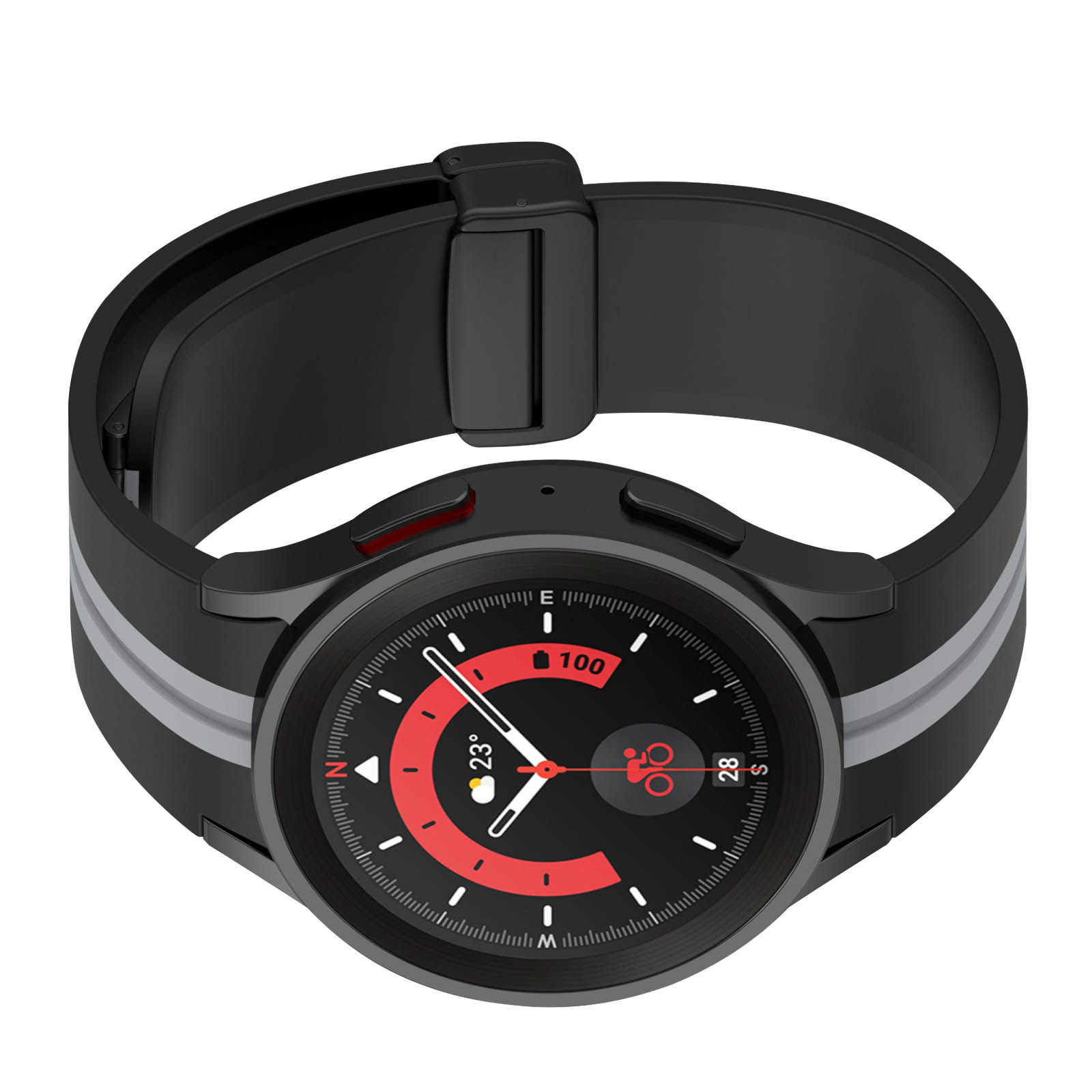 Smartwatch negra con pantalla roja, mostrando hora, temperatura e icono de ciclismo. Correa negra y gris.