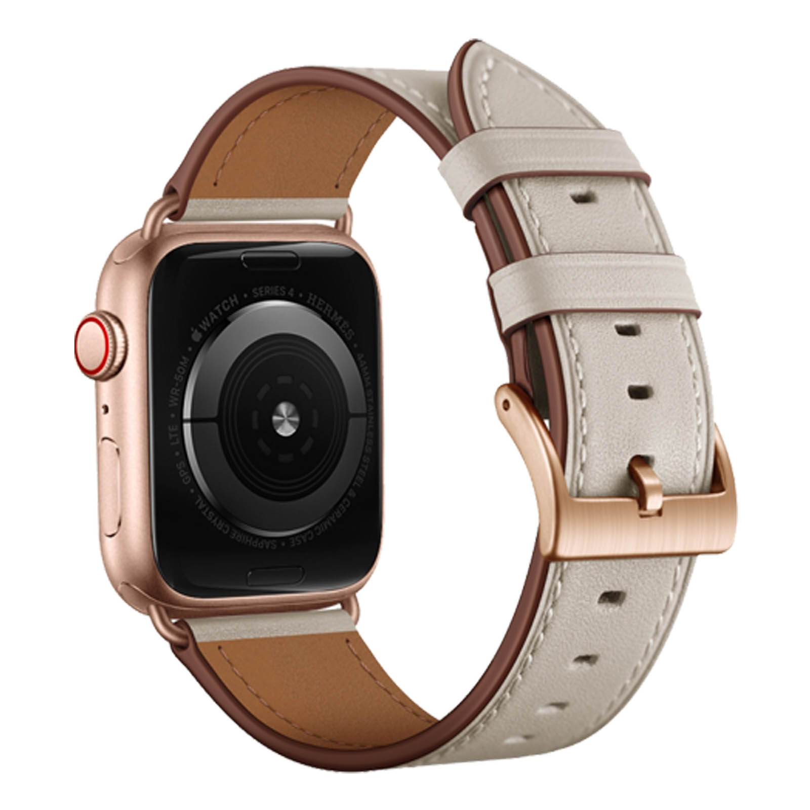 Apple Watch oro rosa con cinturino in pelle grigio chiaro e fibbia oro rosa.