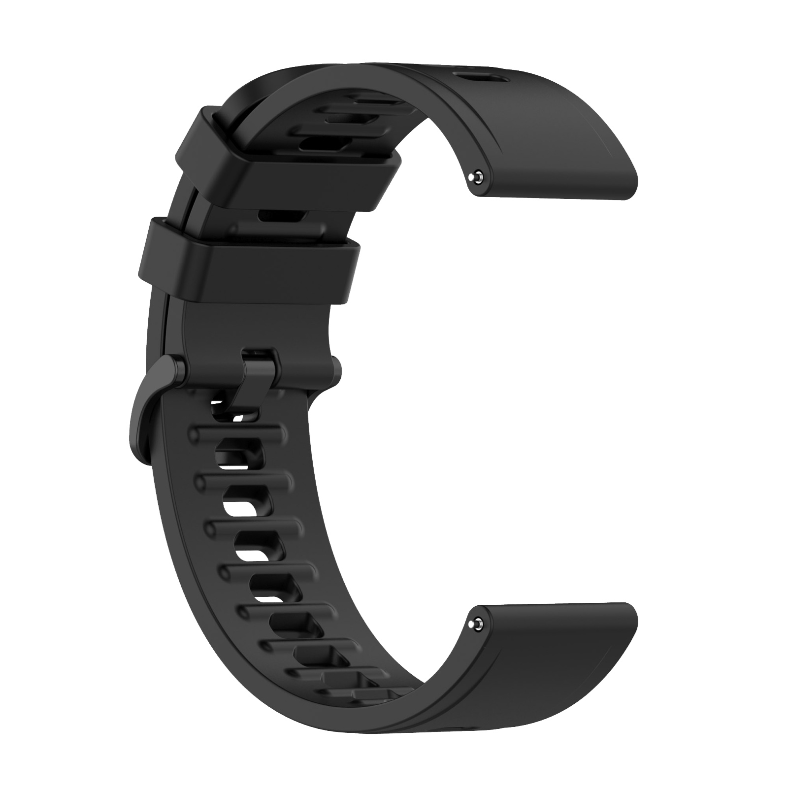 Correa de reloj negra de silicona. Forma curva con varios agujeros. Hebilla lateral.