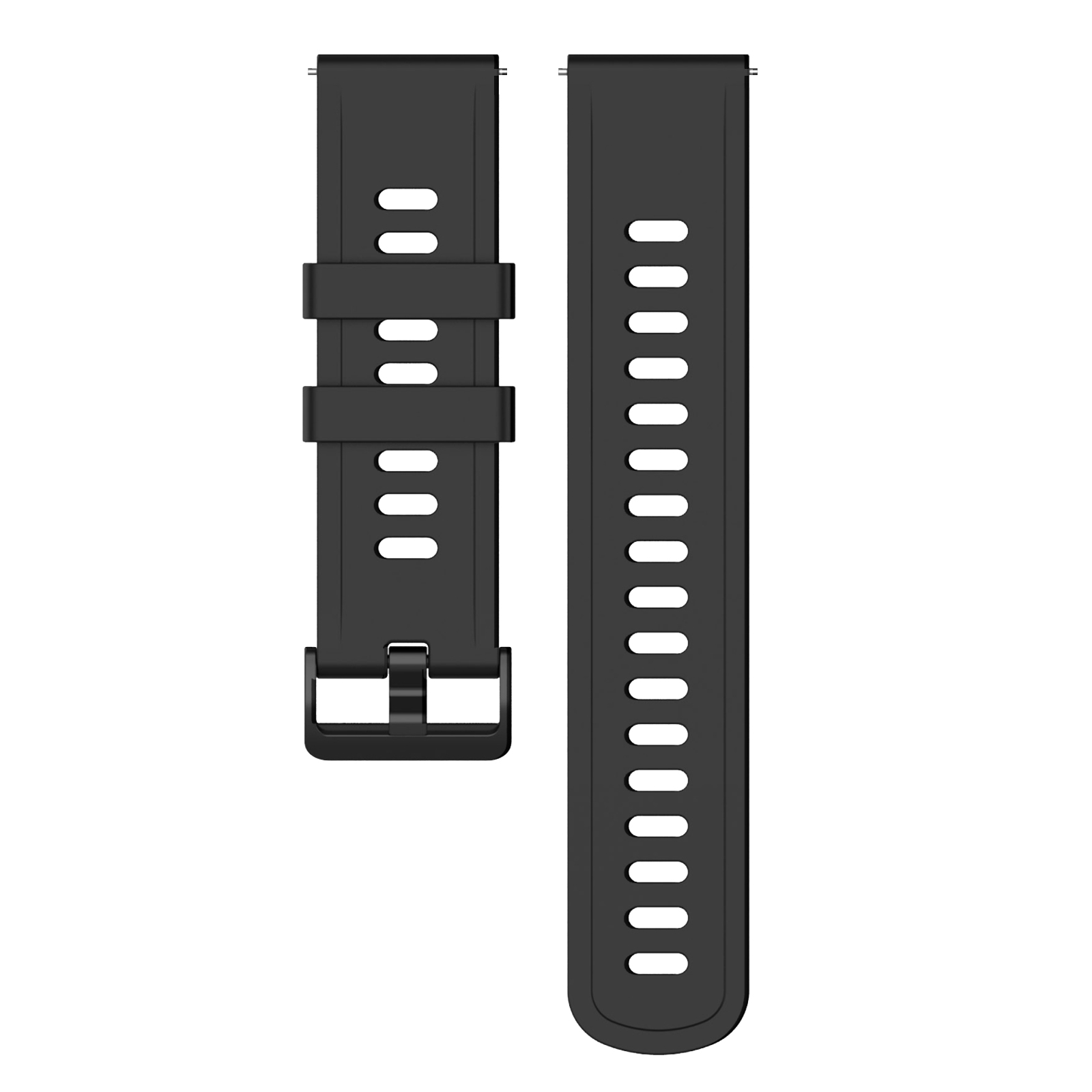 Correas de reloj negras con hebilla negra sobre fondo blanco, aisladas.