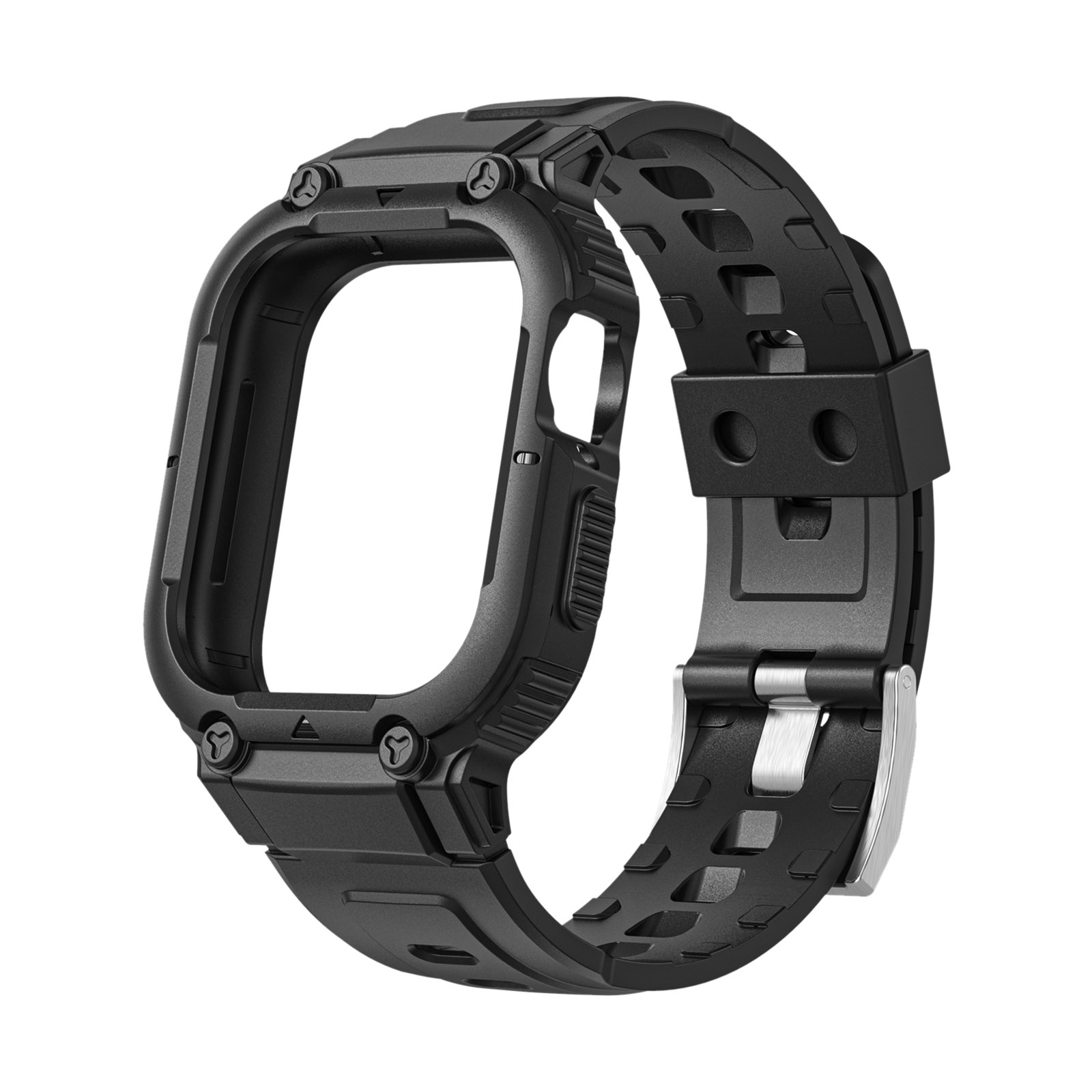 Funda y correa negra para Apple Watch. La correa tiene una hebilla y tiene forma de U.