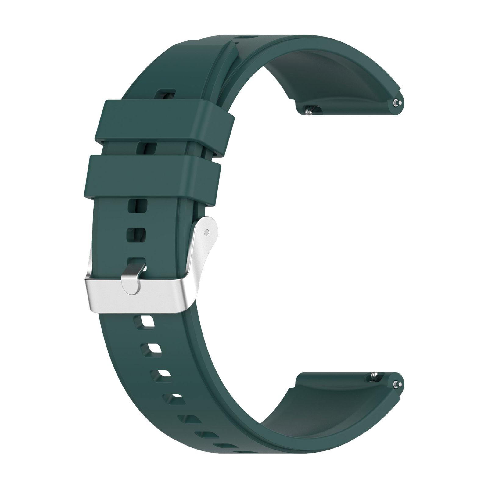 Correa de reloj verde con hebilla plateada. La correa está aislada sobre fondo blanco.