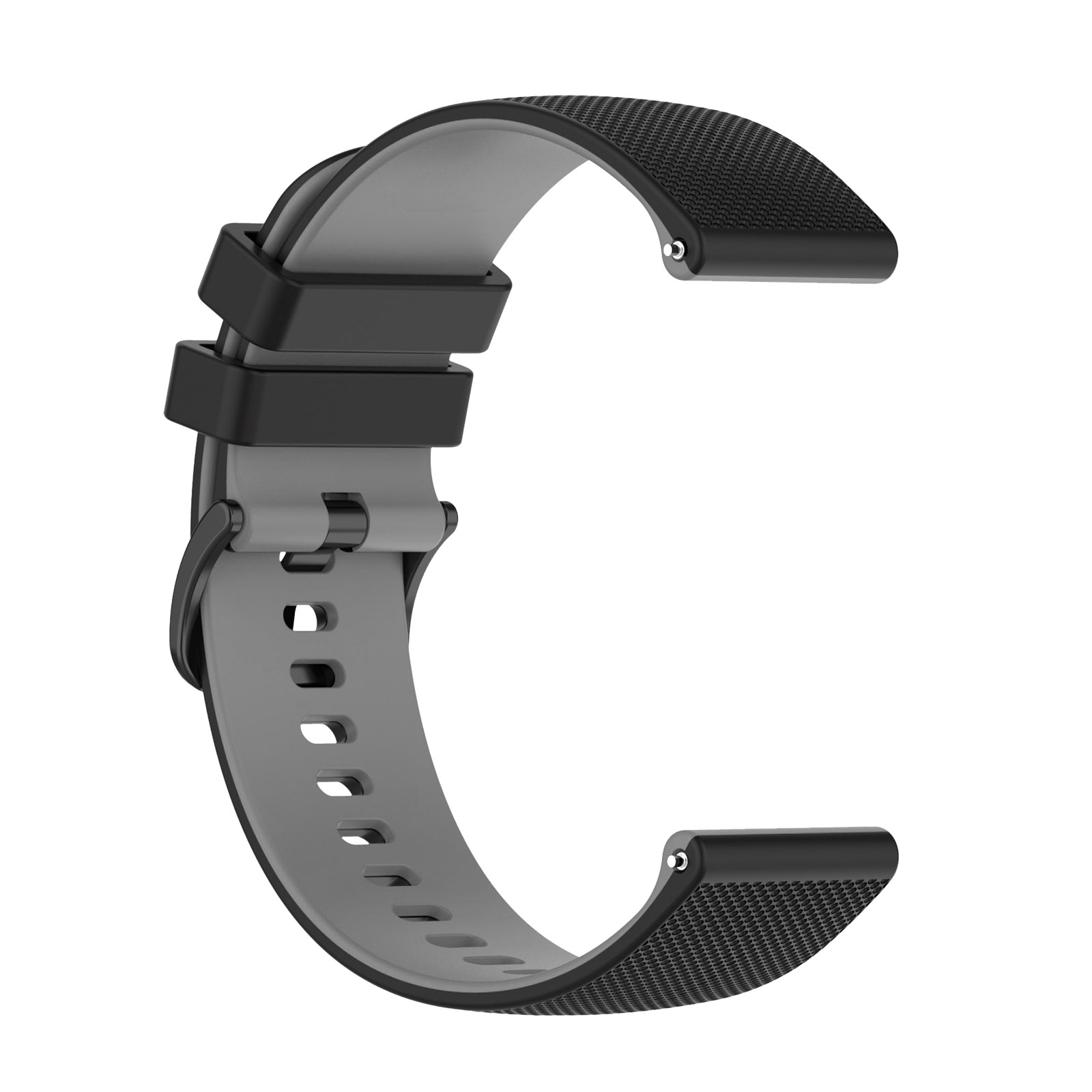 Una correa de reloj es negra y gris. Conectores y hebilla negros. La correa es de dos colores.