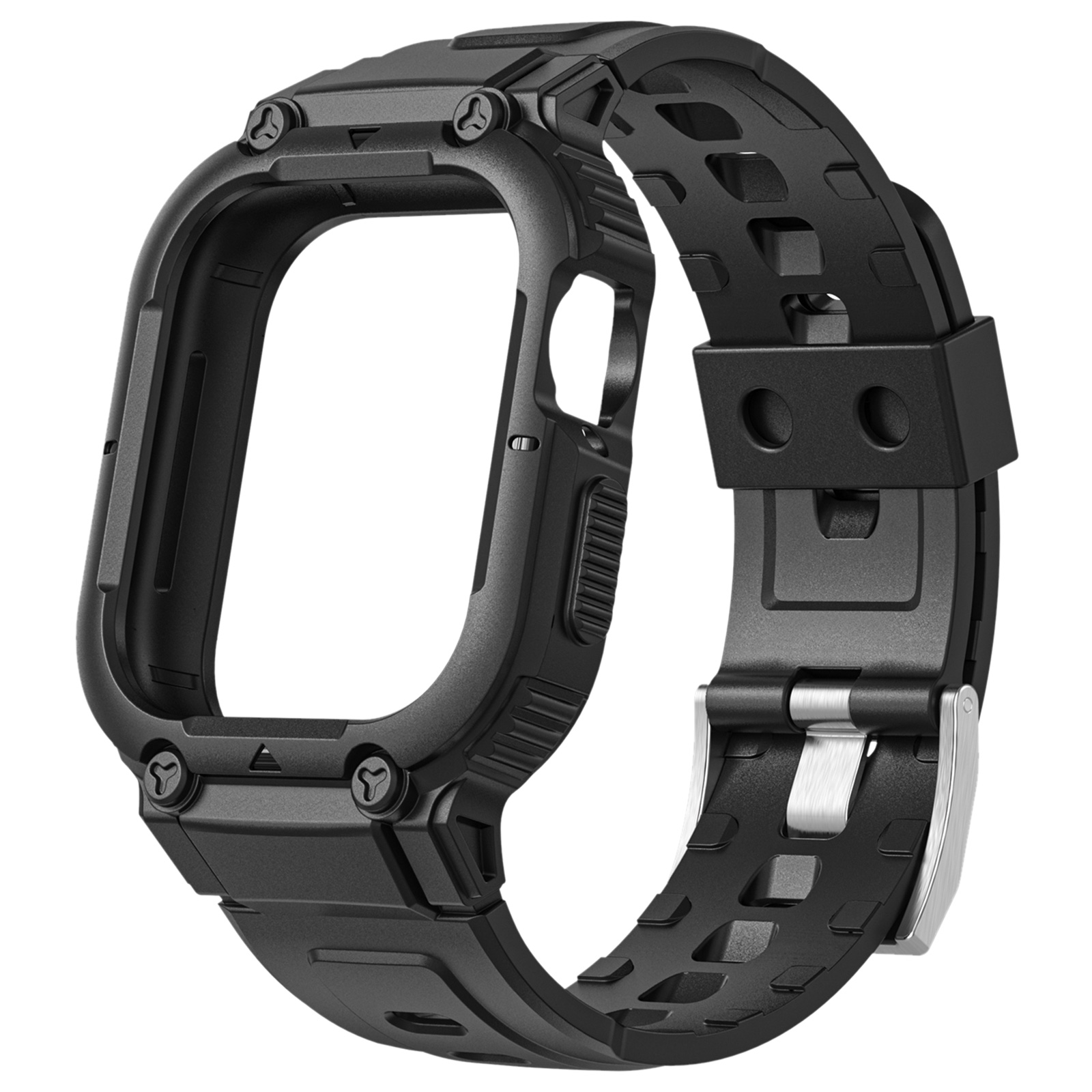 Una carcasa de correa de reloj negra con correa negra adjunta. Los tornillos son visibles.