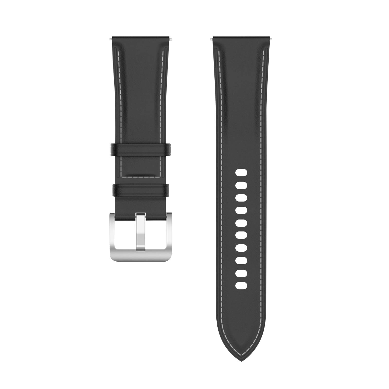 Dos correas de reloj negras. Las correas son negras con costuras blancas y hebilla plateada.