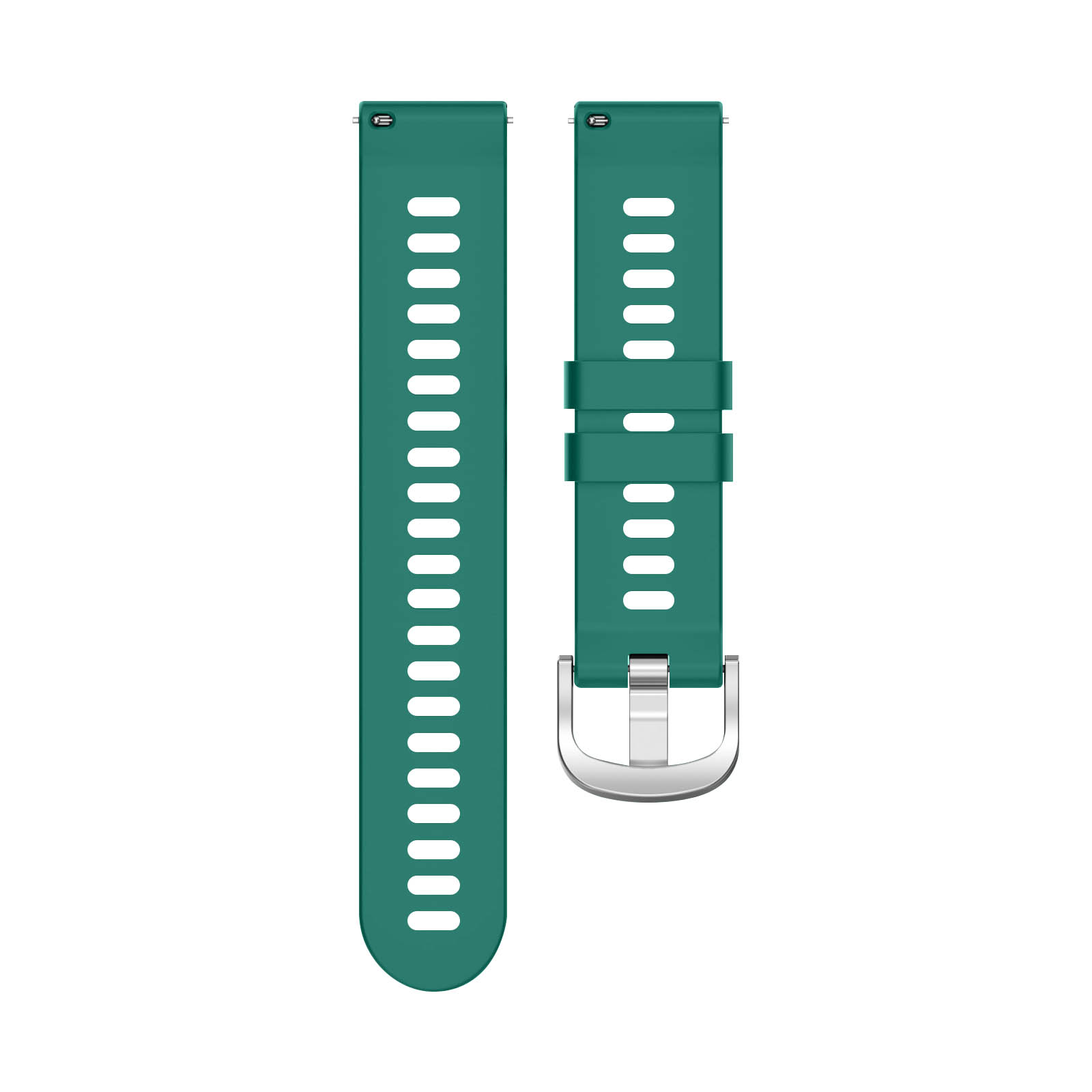 Correas de reloj verdes con hebilla plateada. Una correa tiene agujeros.