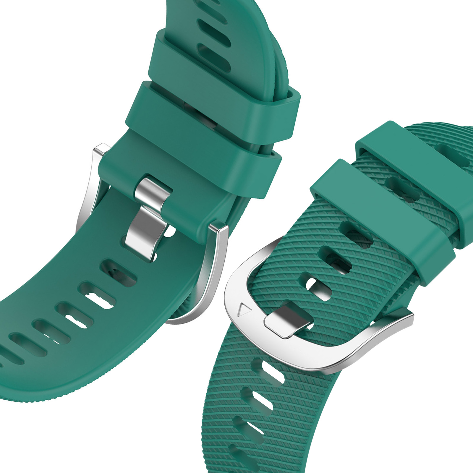 Dos correas de reloj verdes con hebillas plateadas. Una es texturizada, la otra es lisa.