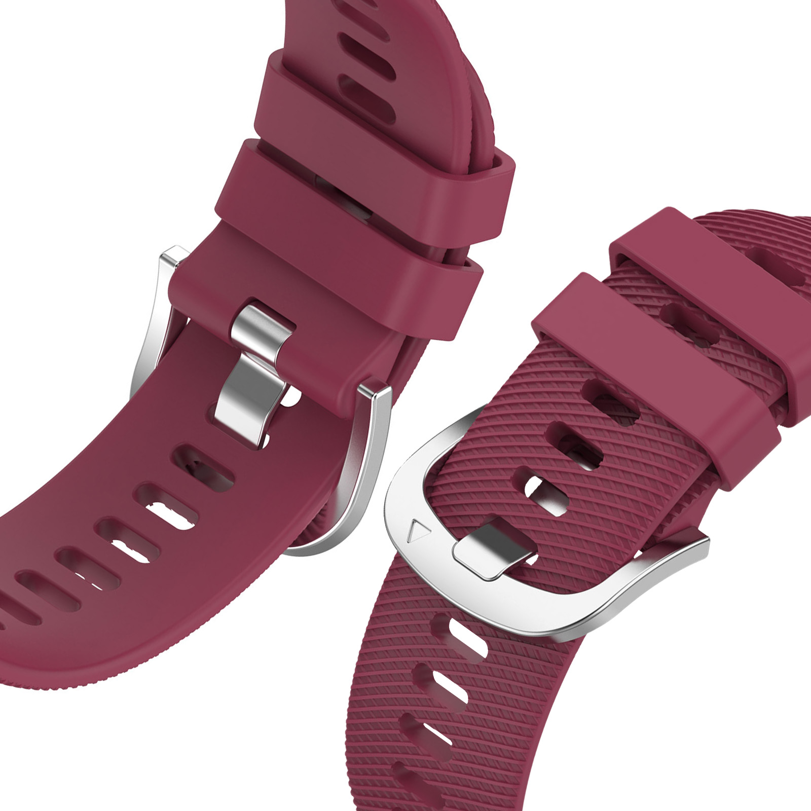 Dos correas de reloj con hebillas plateadas, color granate, fondo blanco.