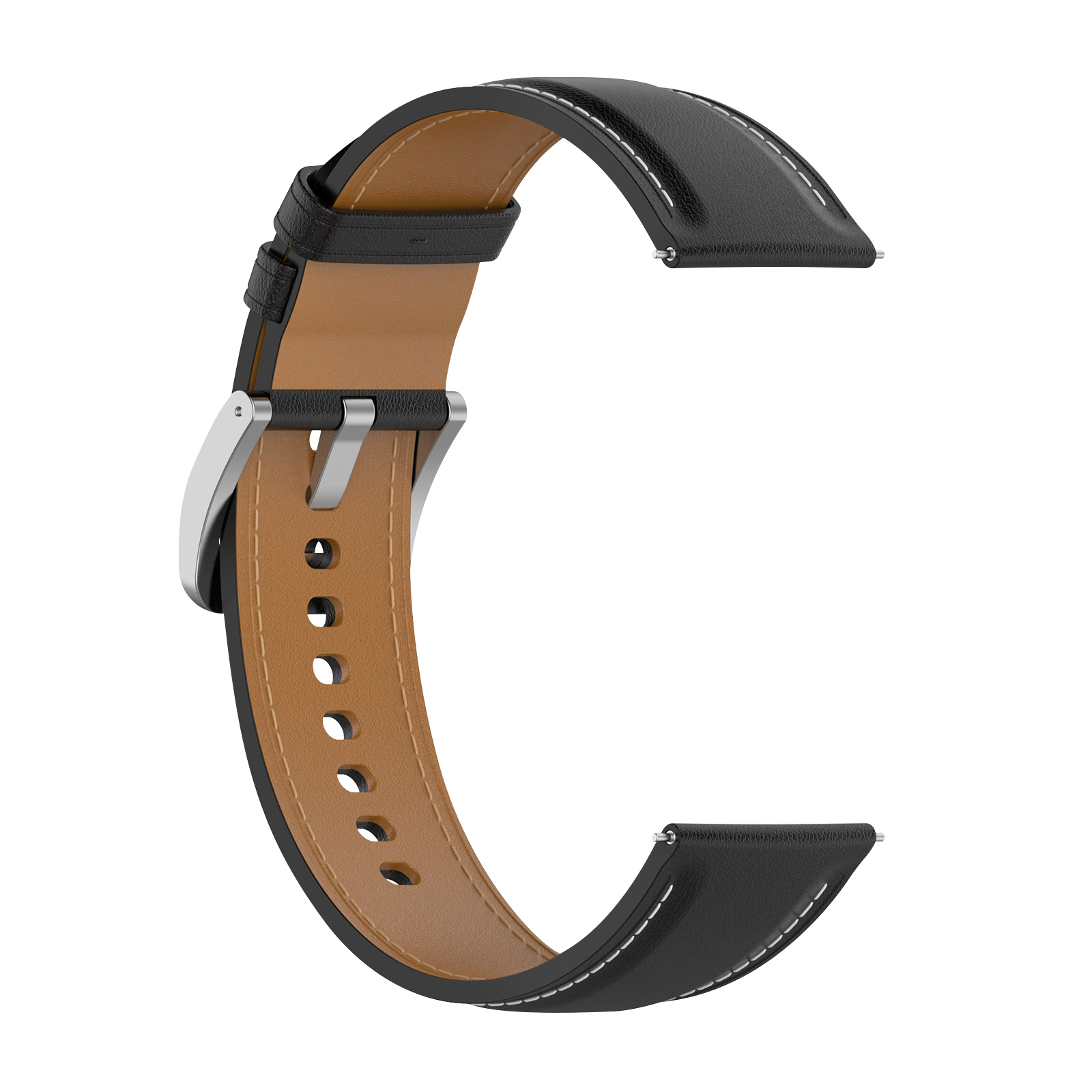Una correa de reloj de cuero negro con hebilla plateada y costuras blancas.