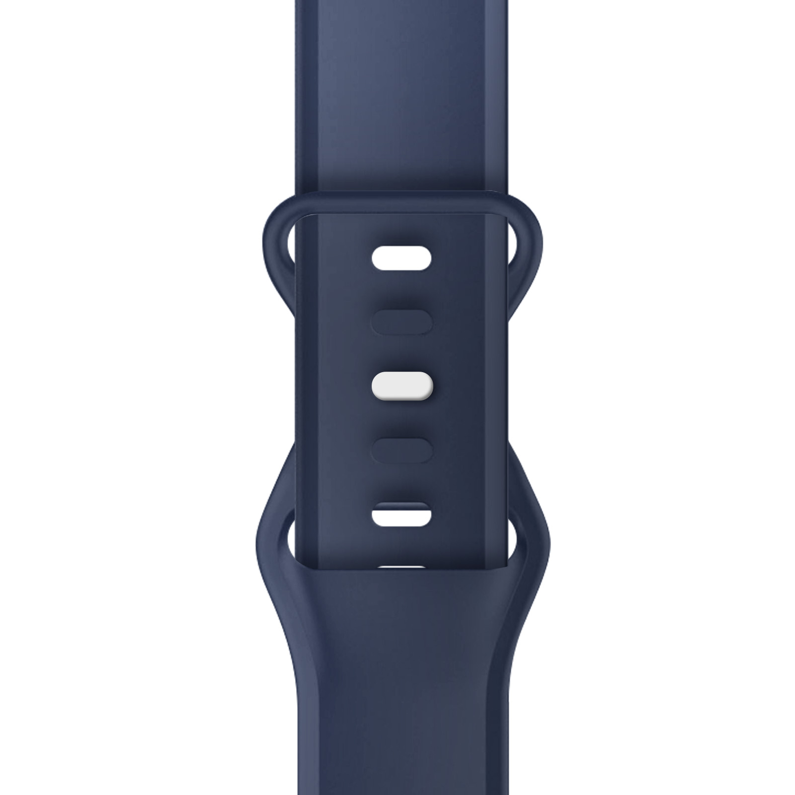 Correa de reloj azul marino, con bucles y agujeros. El fondo es blanco.