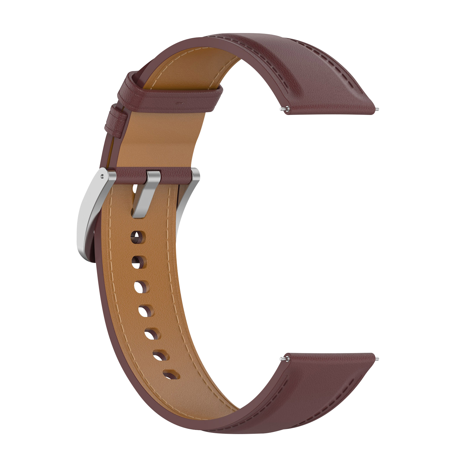 Correa de reloj de cuero marrón oscuro con cierre plateado. En forma de C.