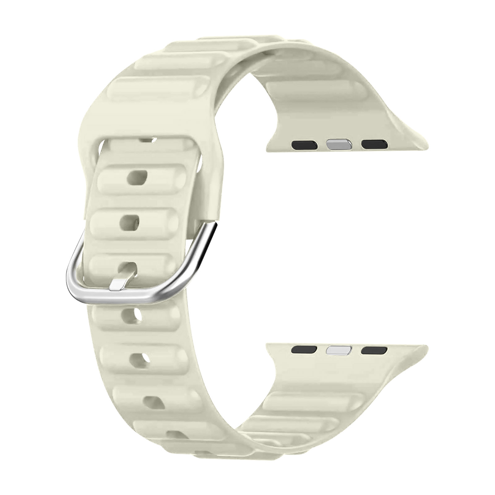 Correa de reloj blanquecina con hebilla plateada. Fondo blanco.