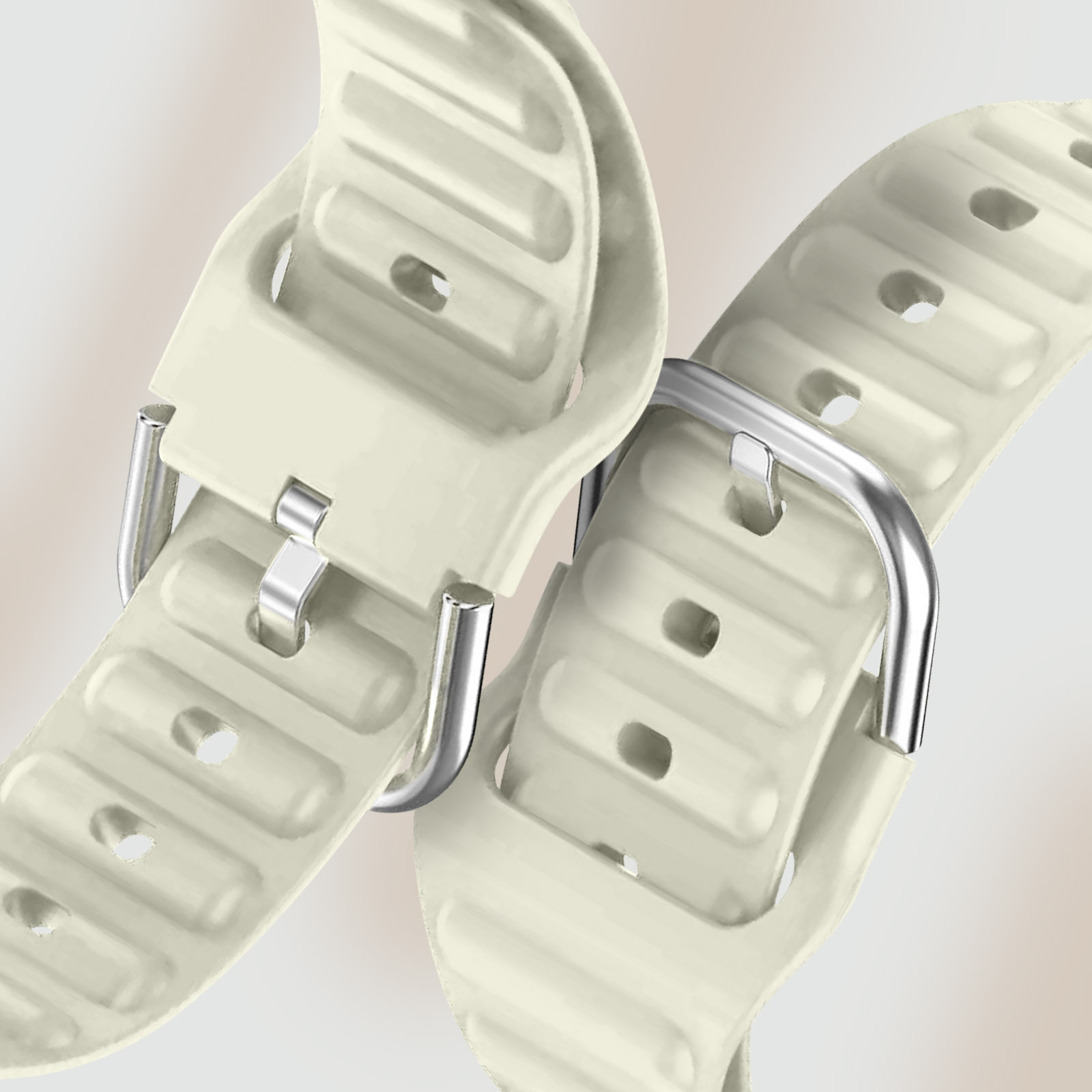 Piezas de correa de reloj marfil con hebillas plateadas, primer plano.