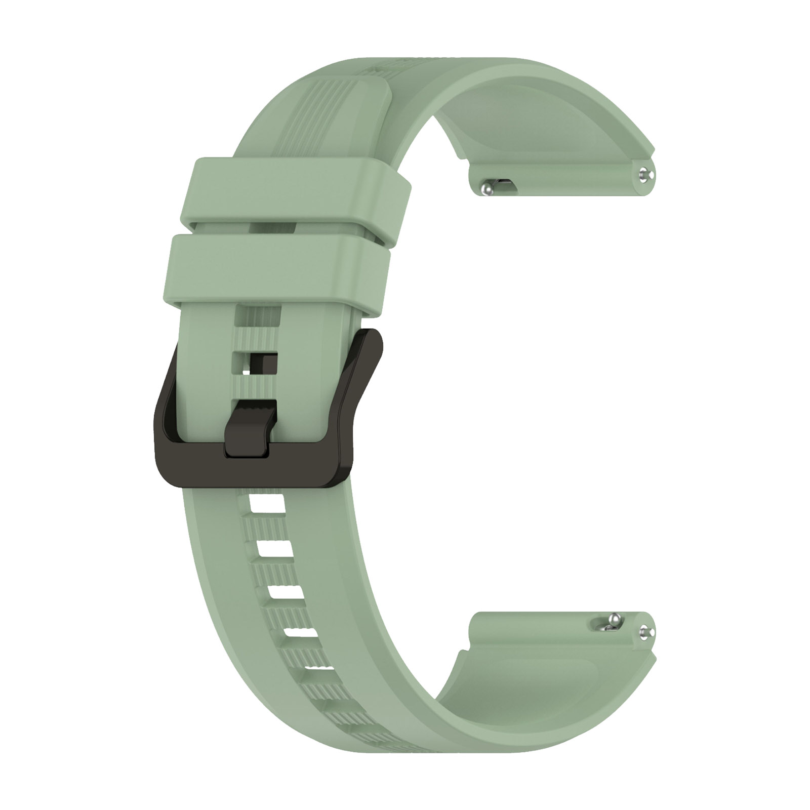 Correa de reloj verde con hebilla negra. La correa tiene un patrón con texto.