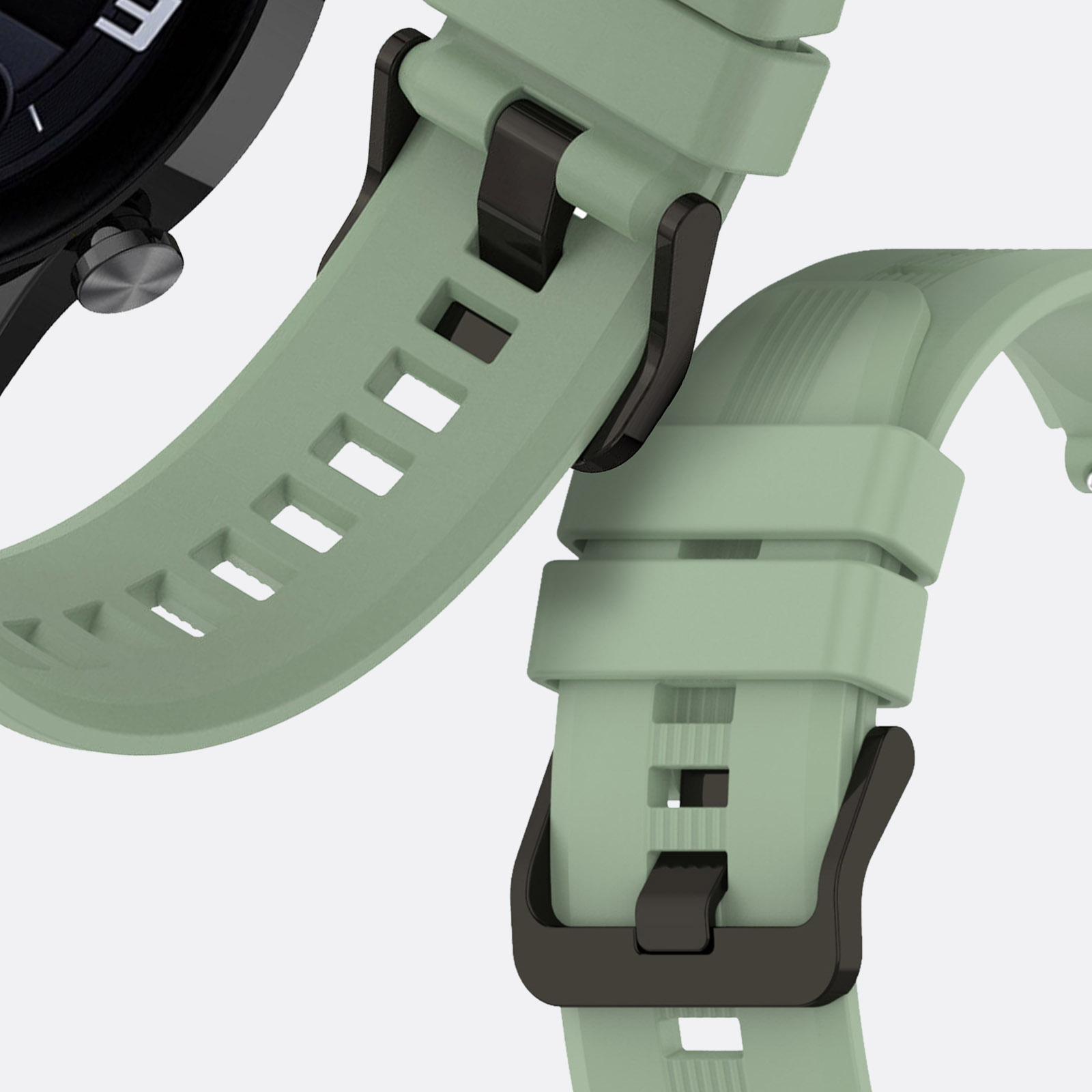 Detalle de la correa de reloj verde claro. Cierres negros con banda verde. Primer plano.
