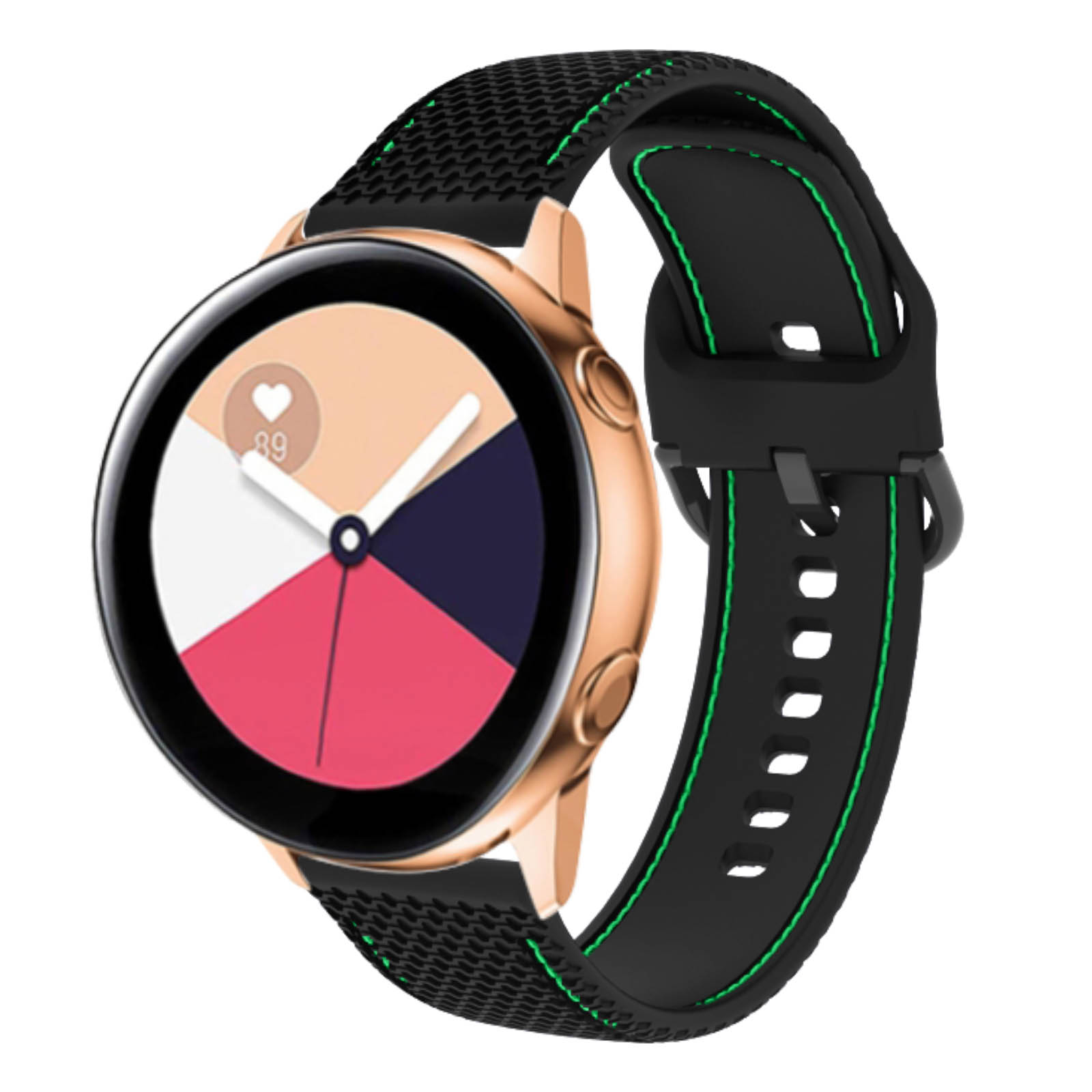 Reloj inteligente dorado con correa negra, costuras verdes.