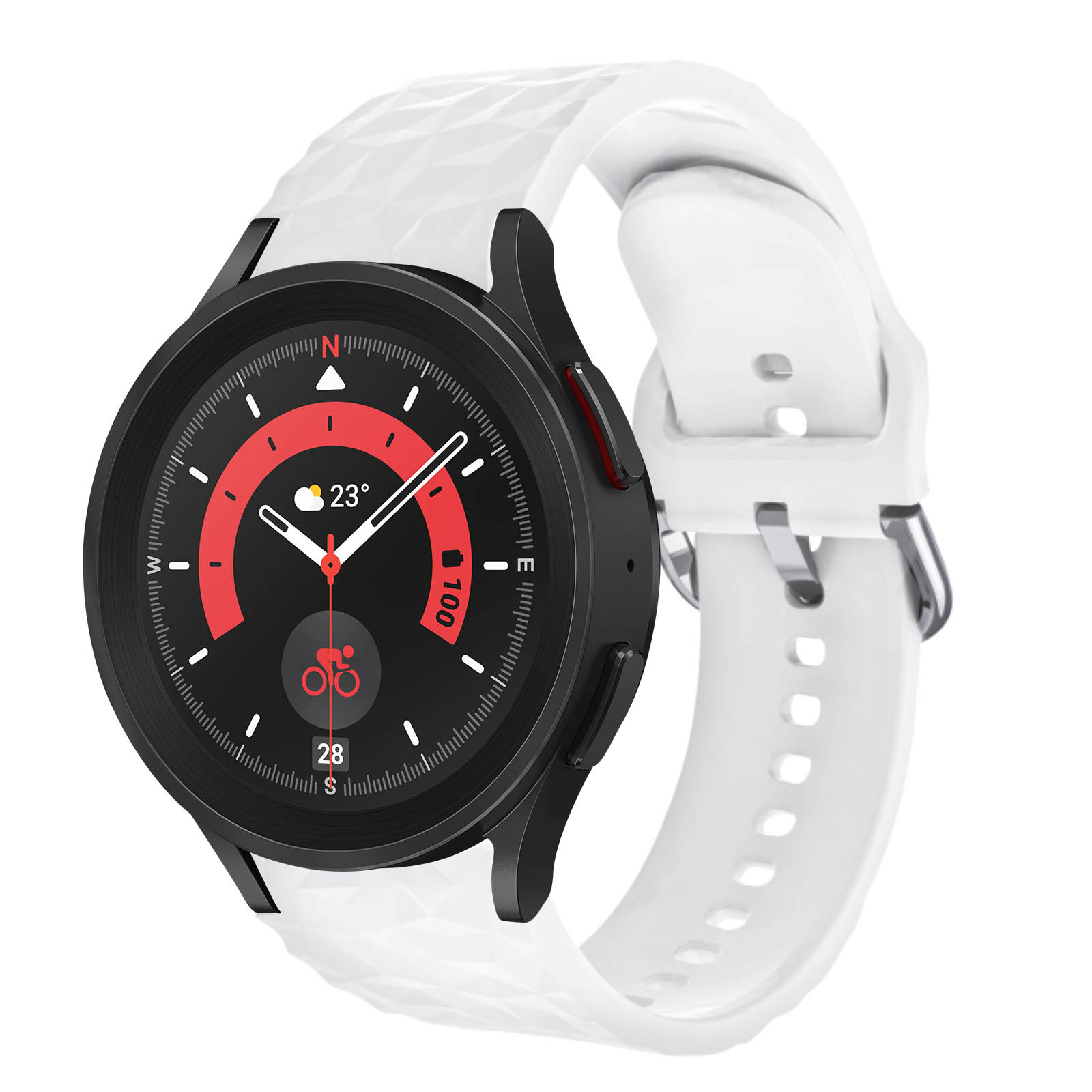 Reloj inteligente blanco y negro con correa blanca, mostrando la hora y un icono de bicicleta.