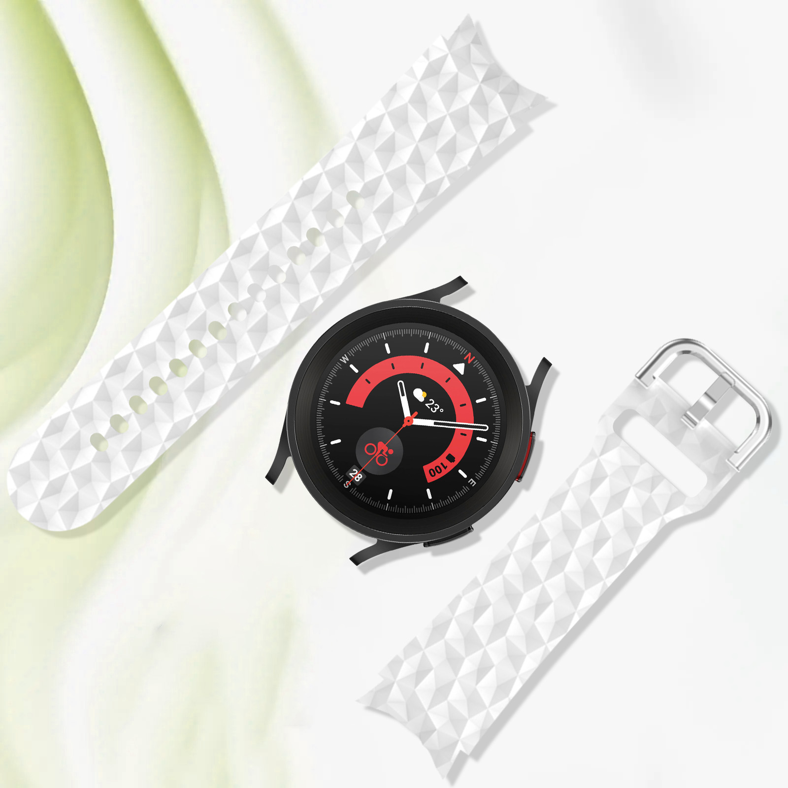Reloj inteligente con correa blanca. La pantalla es negra y roja con datos. Fondo blanco.