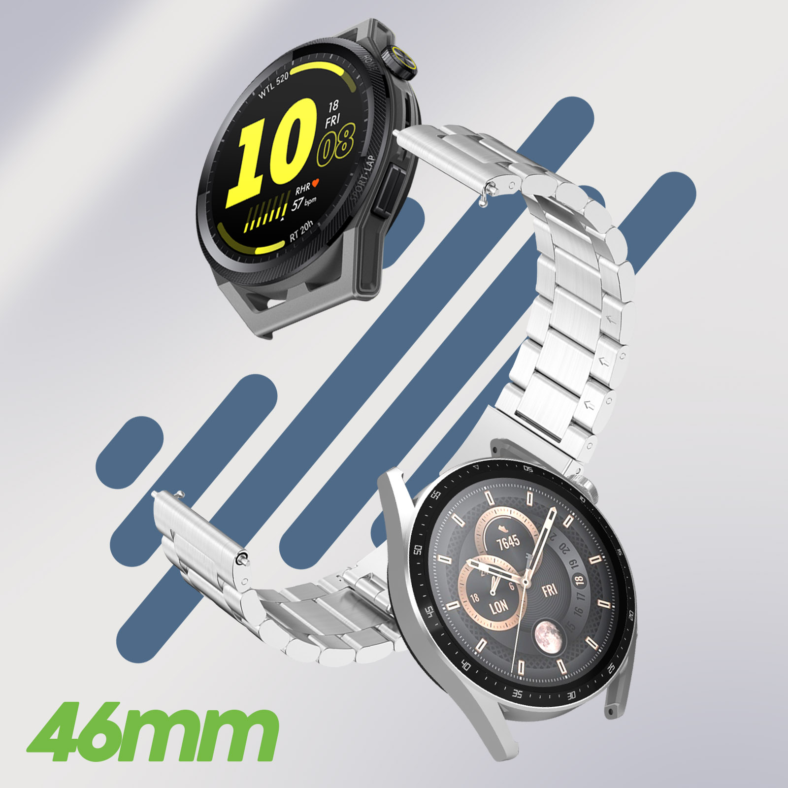 Dos relojes inteligentes con correas plateadas. Uno muestra hora y datos. Fondo azul y verde.
