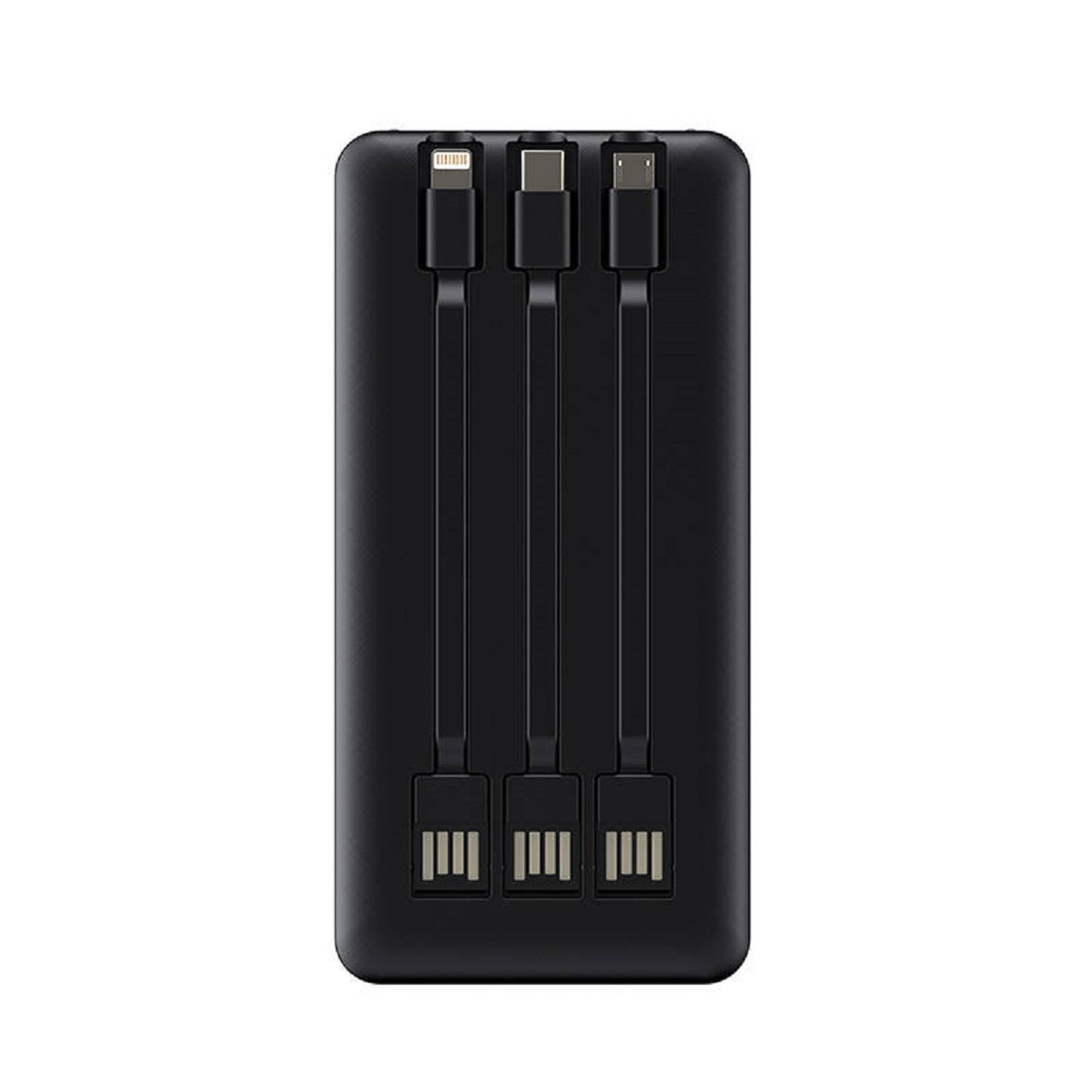 Schwarze Powerbank mit drei angeschlossenen Kabeln. Die Kabel sind USB-C, Lightning und Micro-USB.