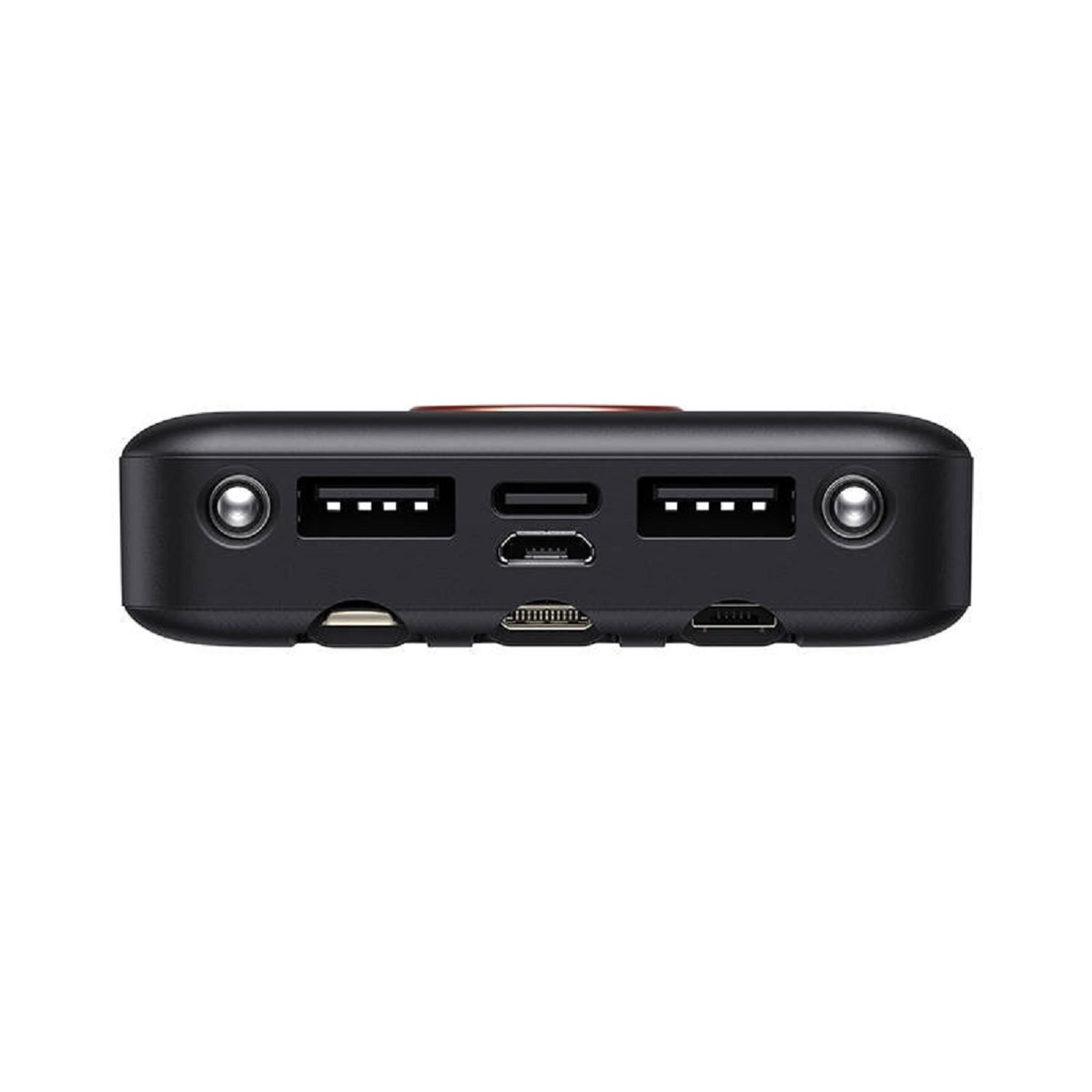 Schwarze Powerbank mit mehreren Anschlüssen. Verfügt über USB-, Micro-USB- und andere Anschlüsse.