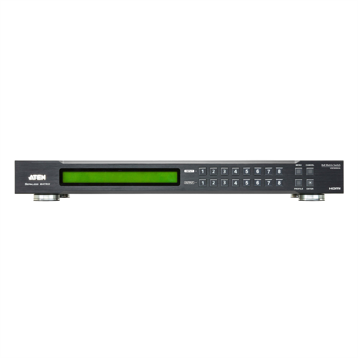 A black ATEN Seamless Matrix device with buttons and a screen.