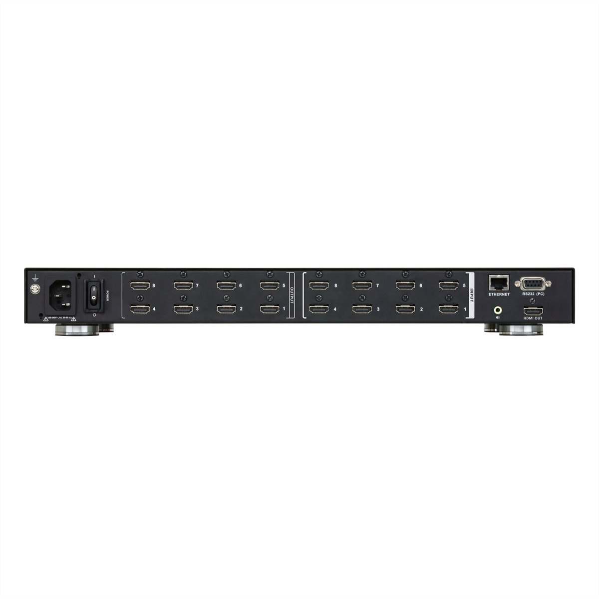A black electronic device with multiple HDMI ports. Ethernet and RS232 ports also visible.