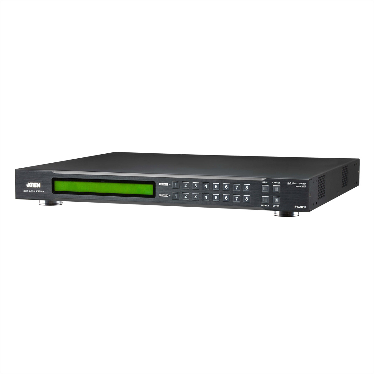 Black ATEN 8x8 HDMI matrix switch with a green display and buttons.