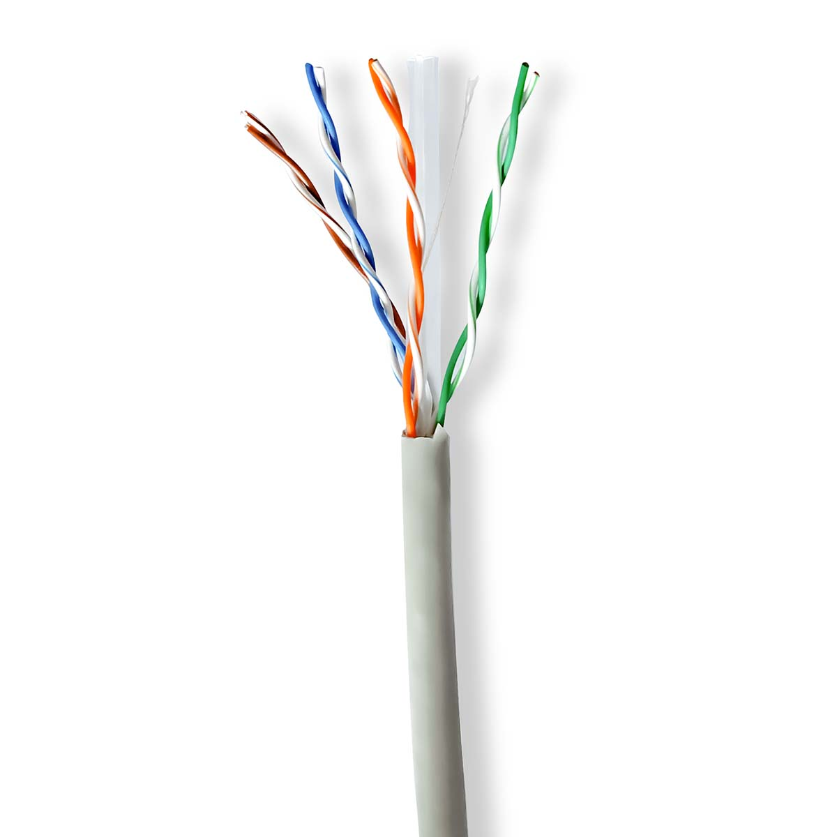 Un cavo CAT tagliato con fili colorati su sfondo bianco. I fili sono separati.