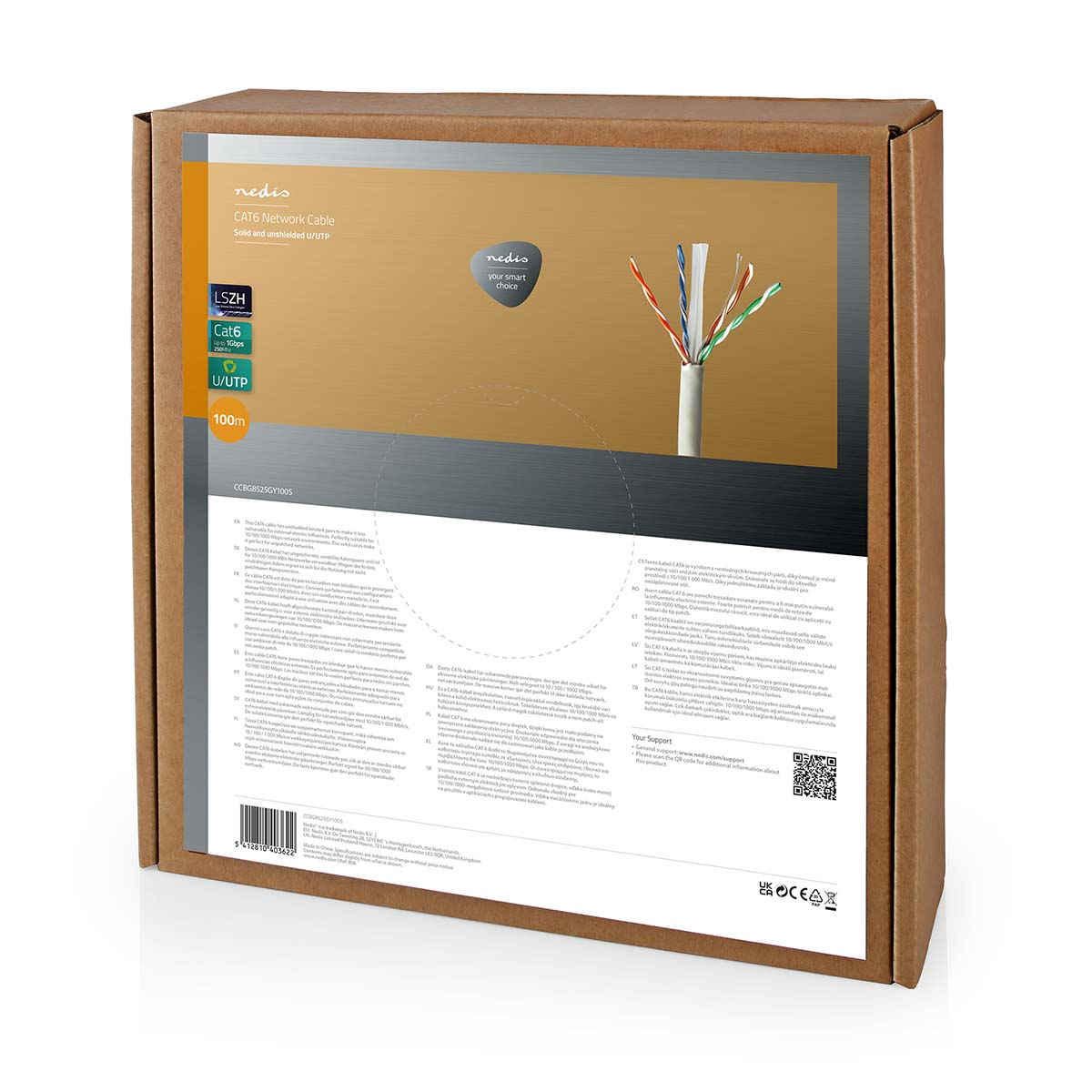 Brązowe kartonowe pudełko z tekstem i obrazami. Zawiera kabel sieciowy.