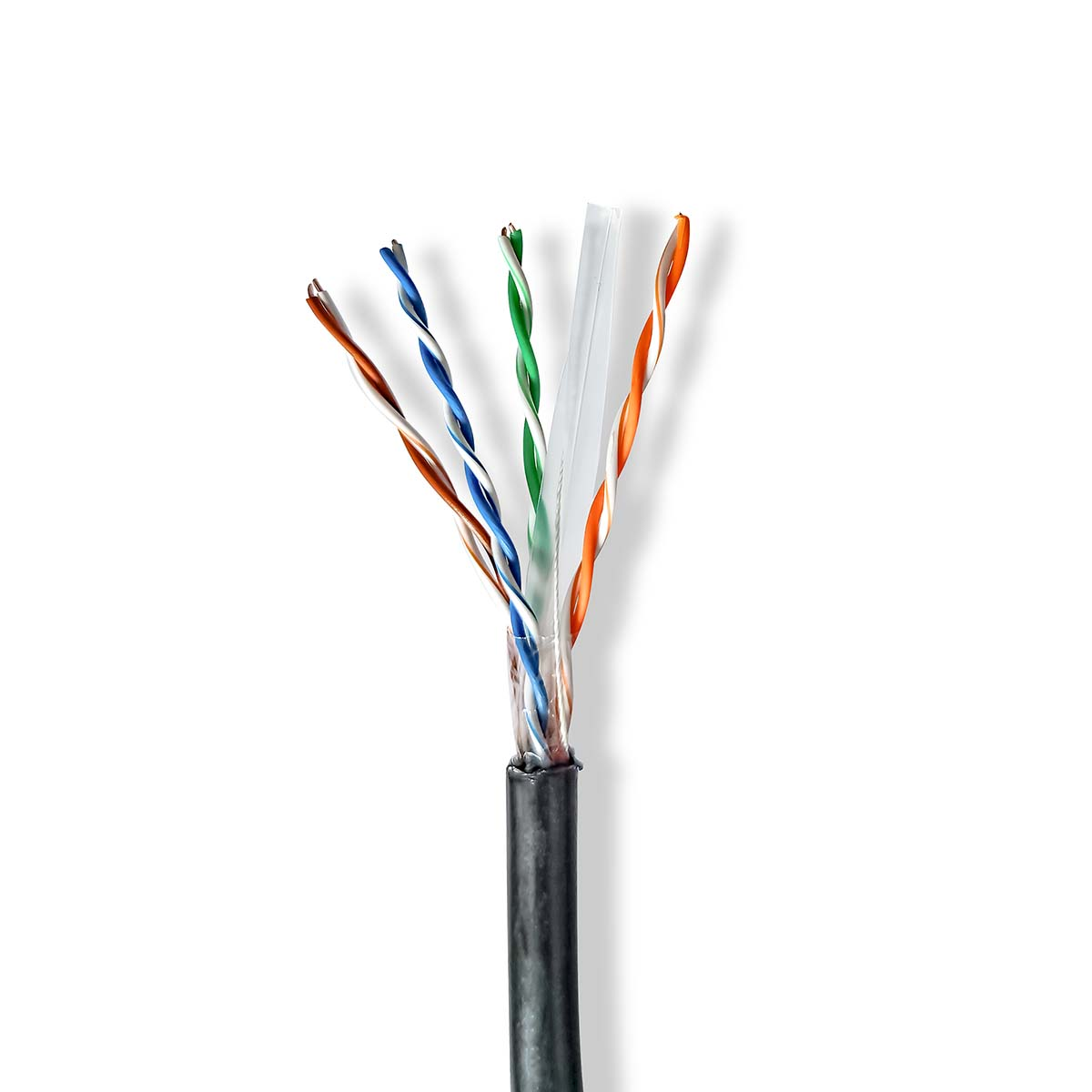 Cavo Ethernet tagliato con fili esposti, vari colori, sfondo bianco, primo piano.