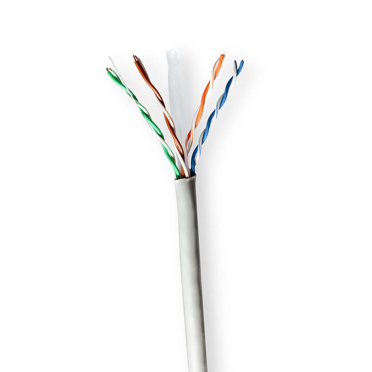 Cavo CAT tagliato con fili esposti: verde, arancione, blu, bianco. Sfondo bianco.