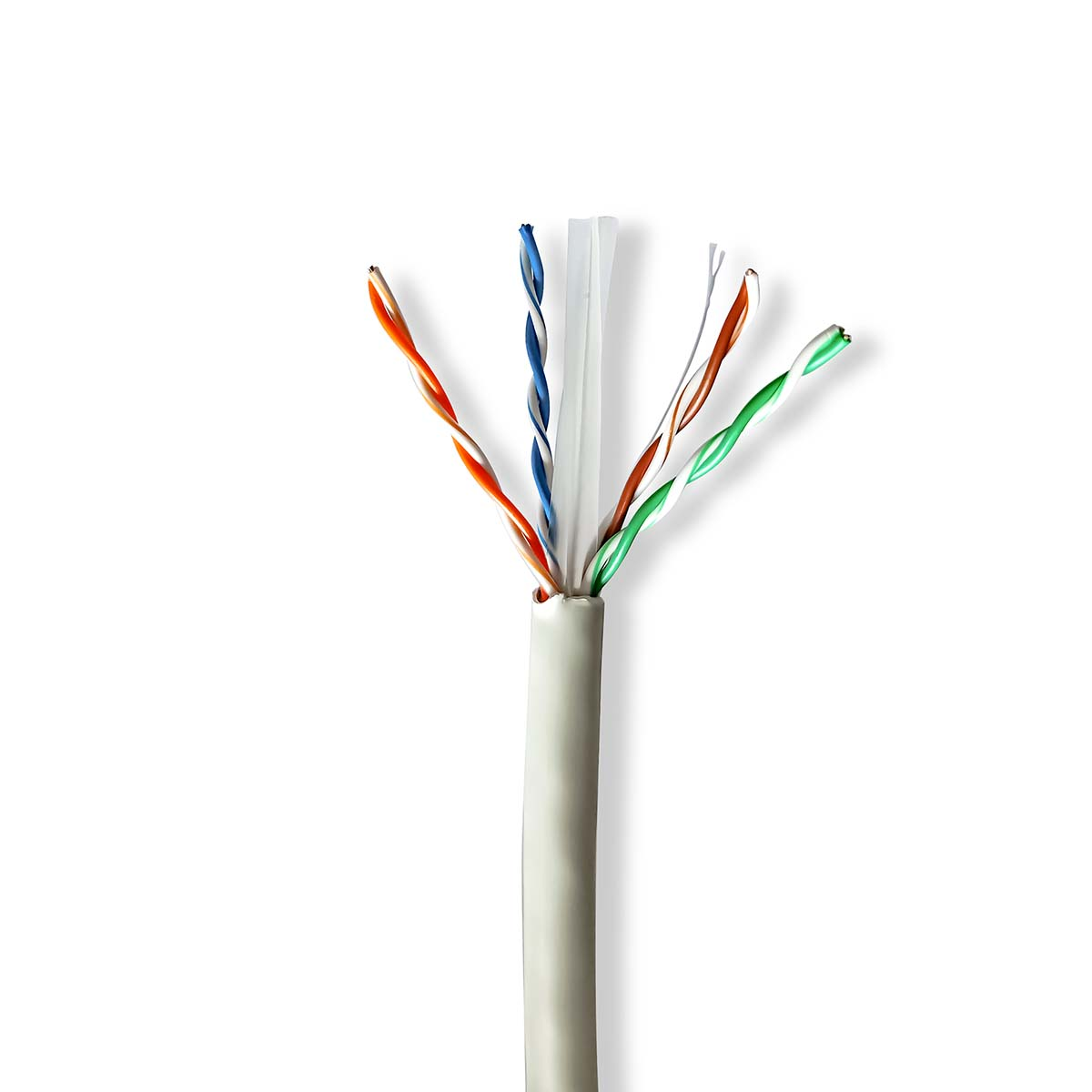 Geschnittenes CAT-Kabel mit freiliegenden Drähten: orange, blau, grün und braun, vor weißem Hintergrund.