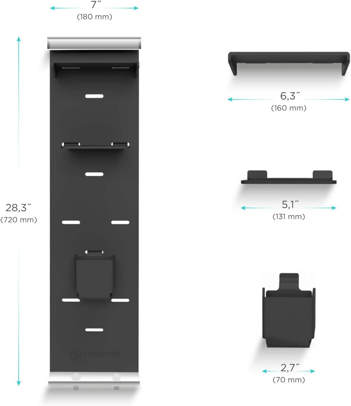Schwarzer Wand-Organizer mit mehreren Regalen und Schlitzen. Abmessungen in mm und Zoll.