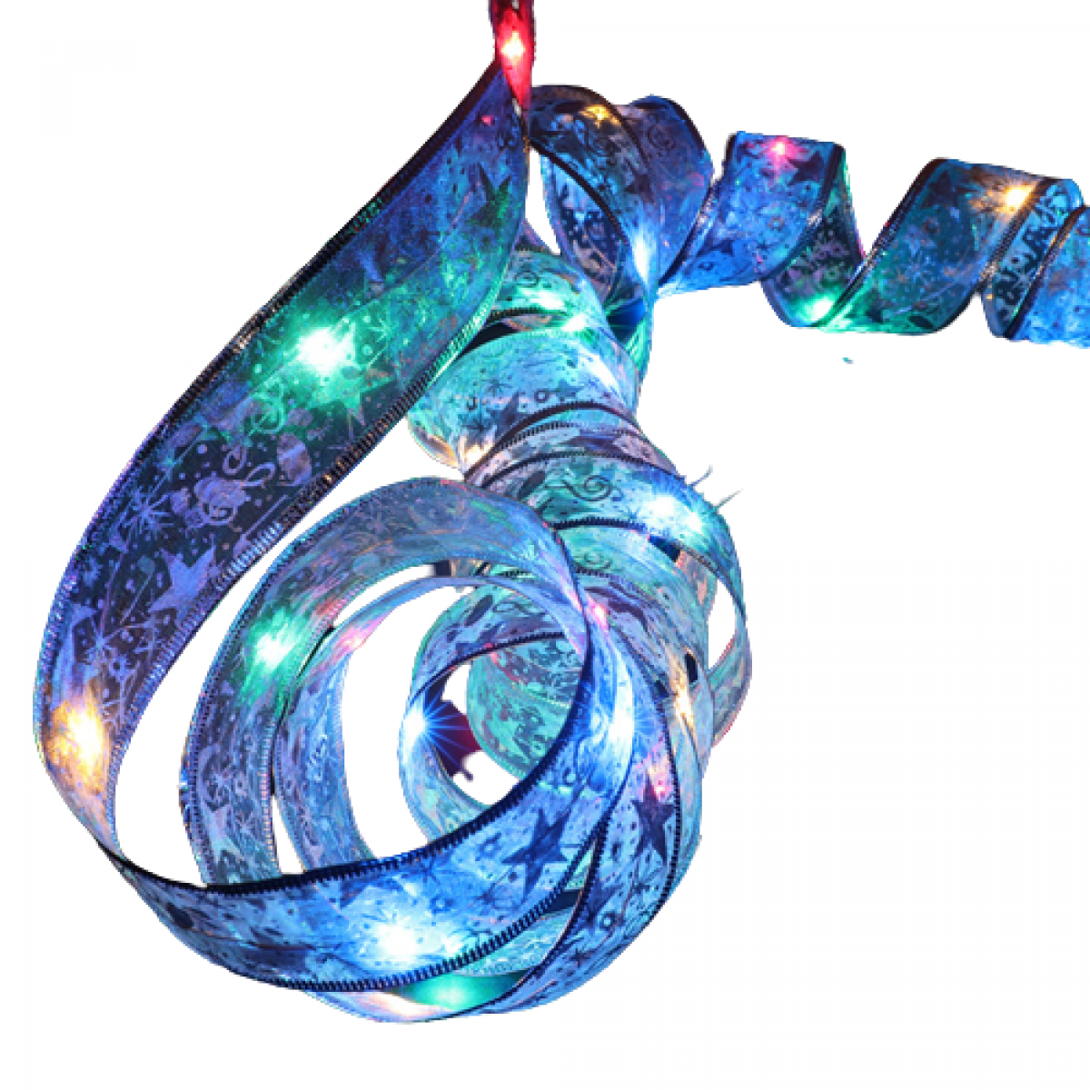 Blaue Schleife mit Lichtern, gekräuselt und herunterhängend. Weißer Hintergrund. Weihnachtsdekoration.