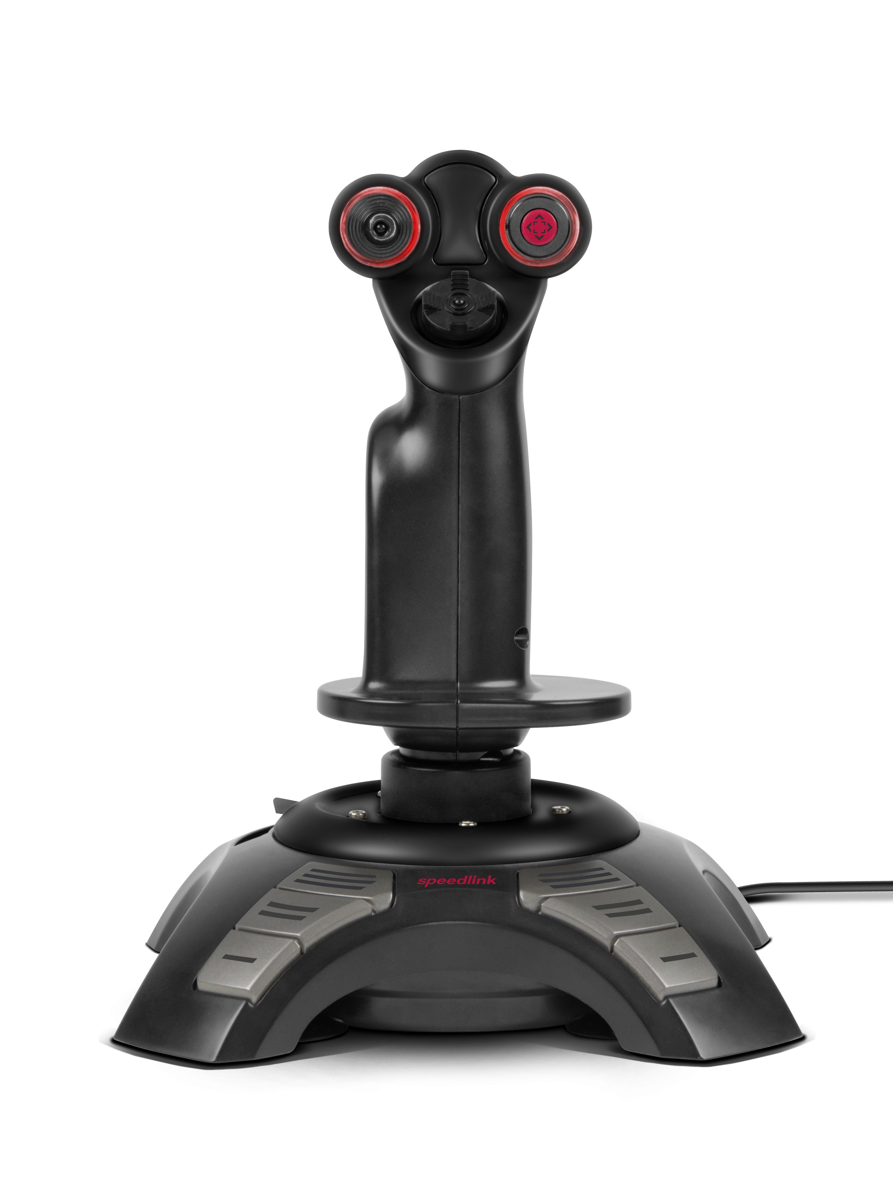 Ein schwarzer Joystick mit roten Knöpfen oben und einer schwarzen Basis mit grauen Knöpfen.