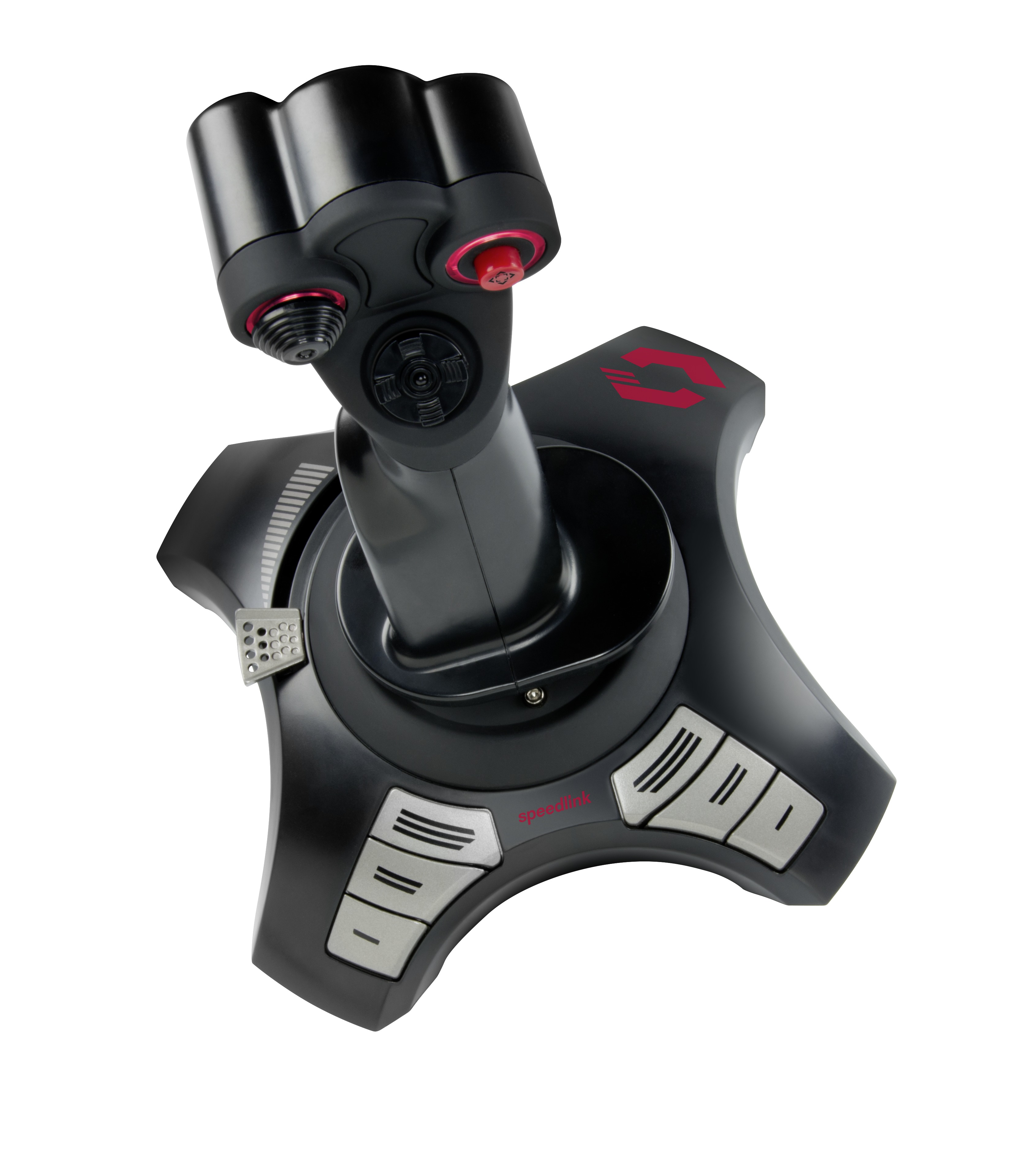 Ein schwarzer Joystick zum Spielen. Es hat rote Knöpfe und einen silbernen Sockel.