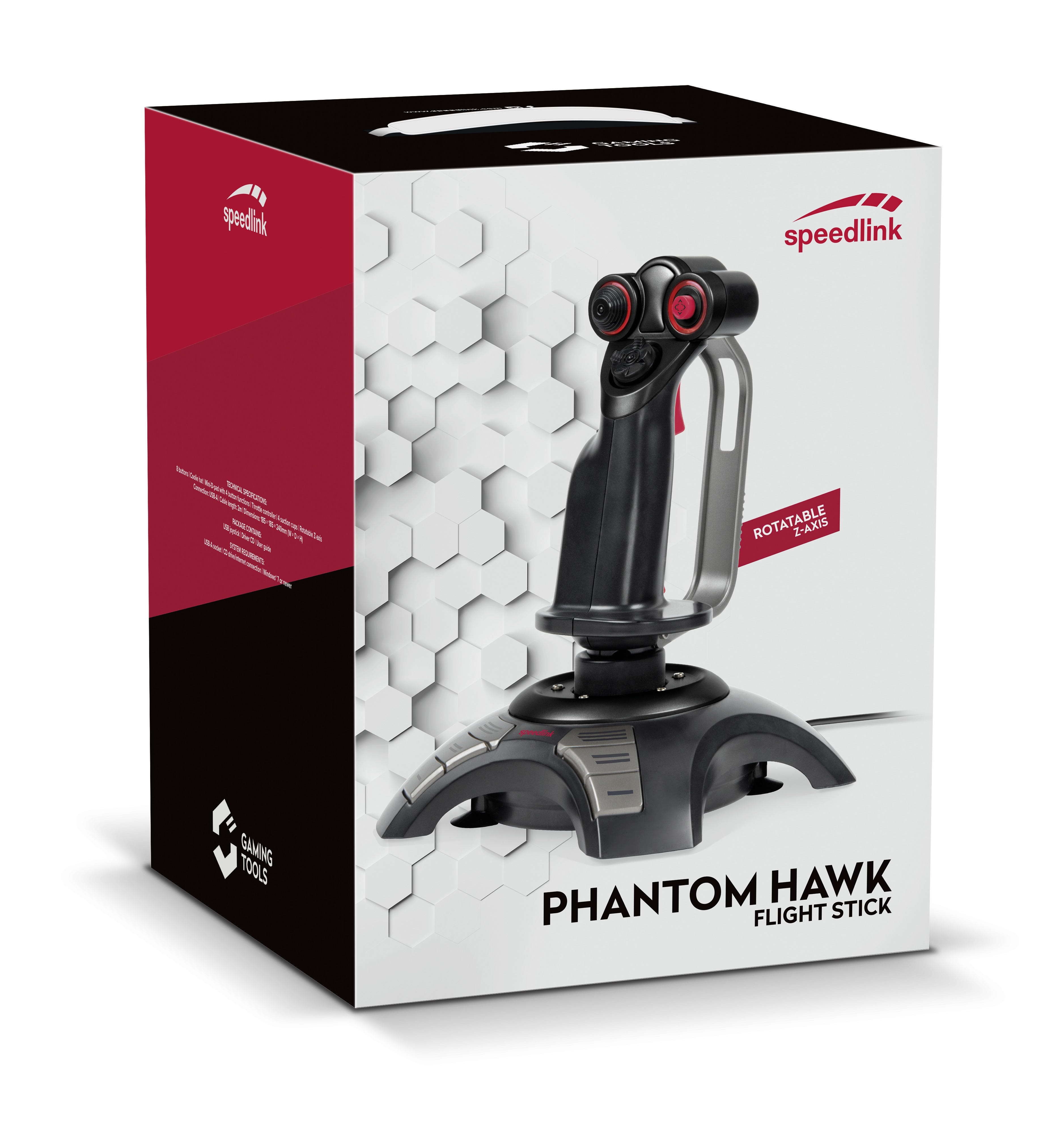 Eine Schachtel mit einem Flight Stick, beschriftet 'Phantom Hawk', Gaming-Tools und Logo.