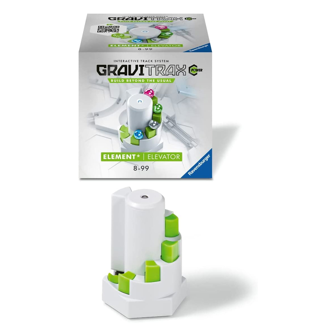 Zestaw konstrukcyjny Gravitrax z pudełkiem i elementem windy. Na pudełku tor i kulka.