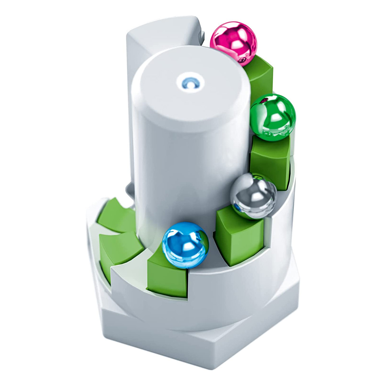 Zabawka z kolorowymi kulkami toczącymi się po zielono-białym torze spiralnym.