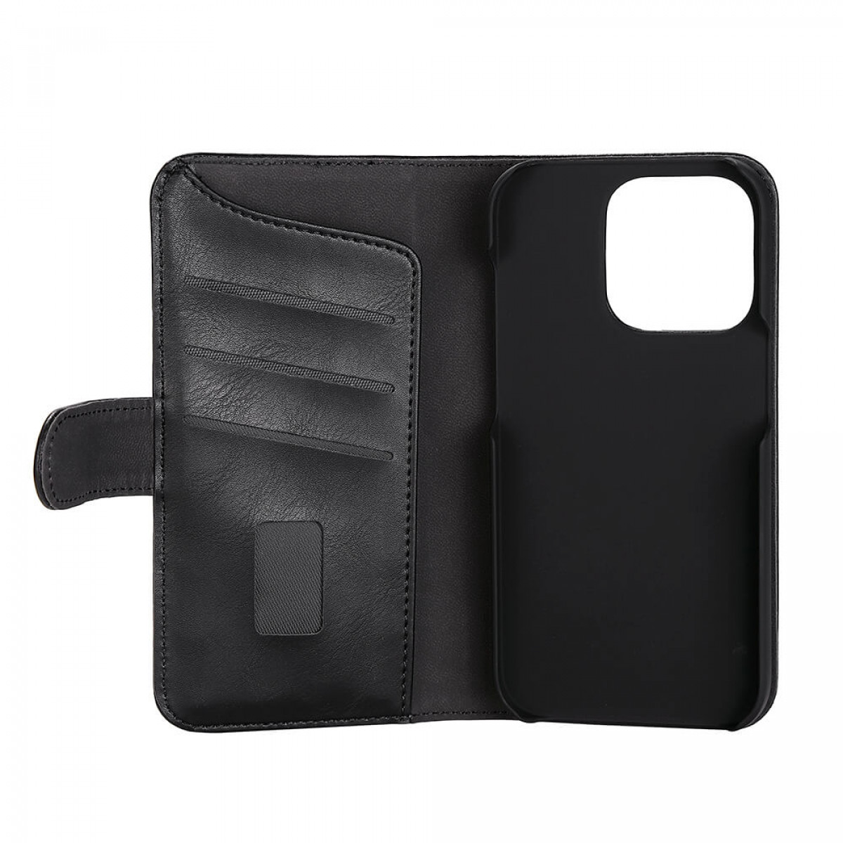 Schwarze Leder-Handyhülle, offen. Hat Kartenfächer und einen Magnetverschluss.